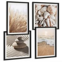 BILDER SET 4er Set - 50x50 cm & 40x60 cm Schwarzer Rahmen - Strandmotive, Muscheln, Wellen - Schwarz, Kunststoff (50/50cm) - TULUP