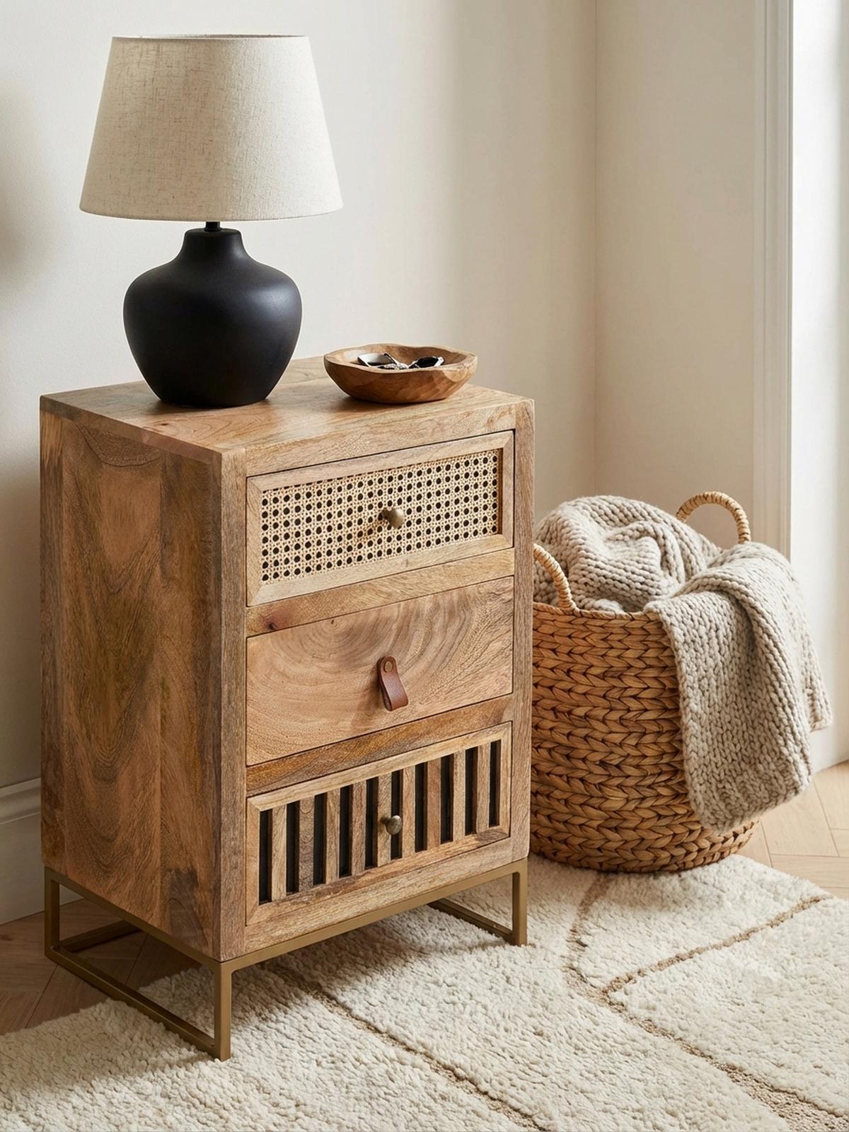 NACHTTISCH – Mango Massivholz/Rattan, 3 Schubladen, für Boxspringbett - Goldfarben/Braun, Holz/Metall (40/60/30cm) - KADIMA DESIGN