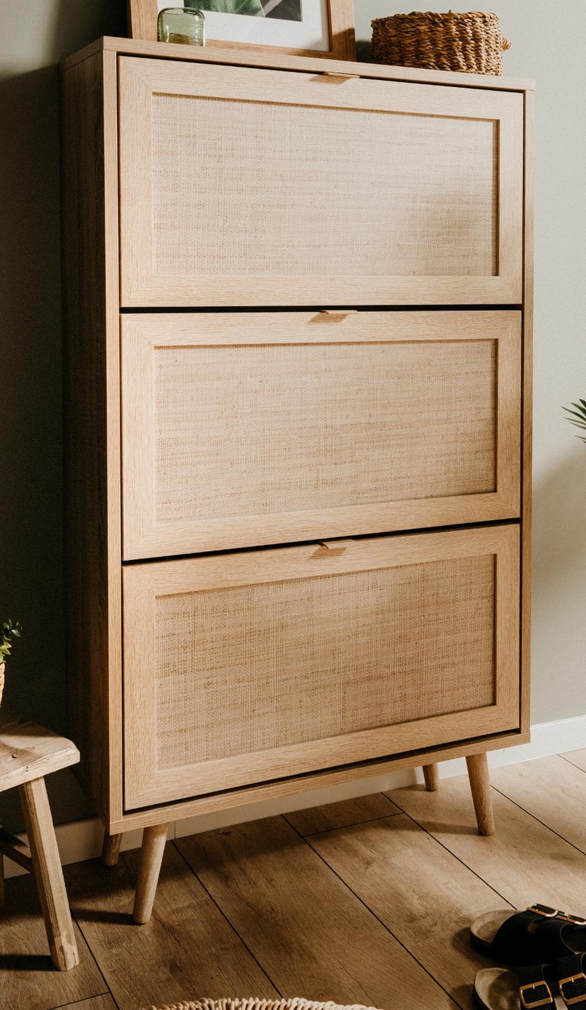 SCHUHKIPPER Eiche Sonoma, Bast-Dekor 70 cm, Schuhschrank mit 3 Kippern - Eichefarben, Holz/Holzwerkstoff (70/125/24cm) - Furn.Design