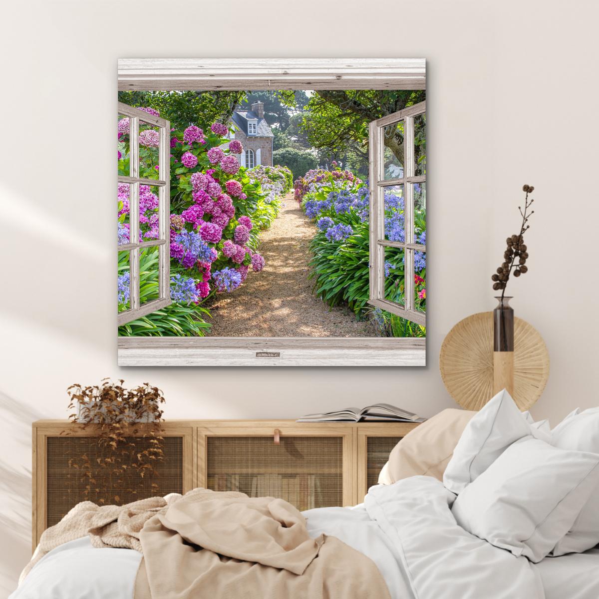 METALLBILD Hortensie - Durchsichtig - Blumen - Sommer - Lila - Weg 90x90 cm - Lila, Metall (90/90cm) - MuchoWow