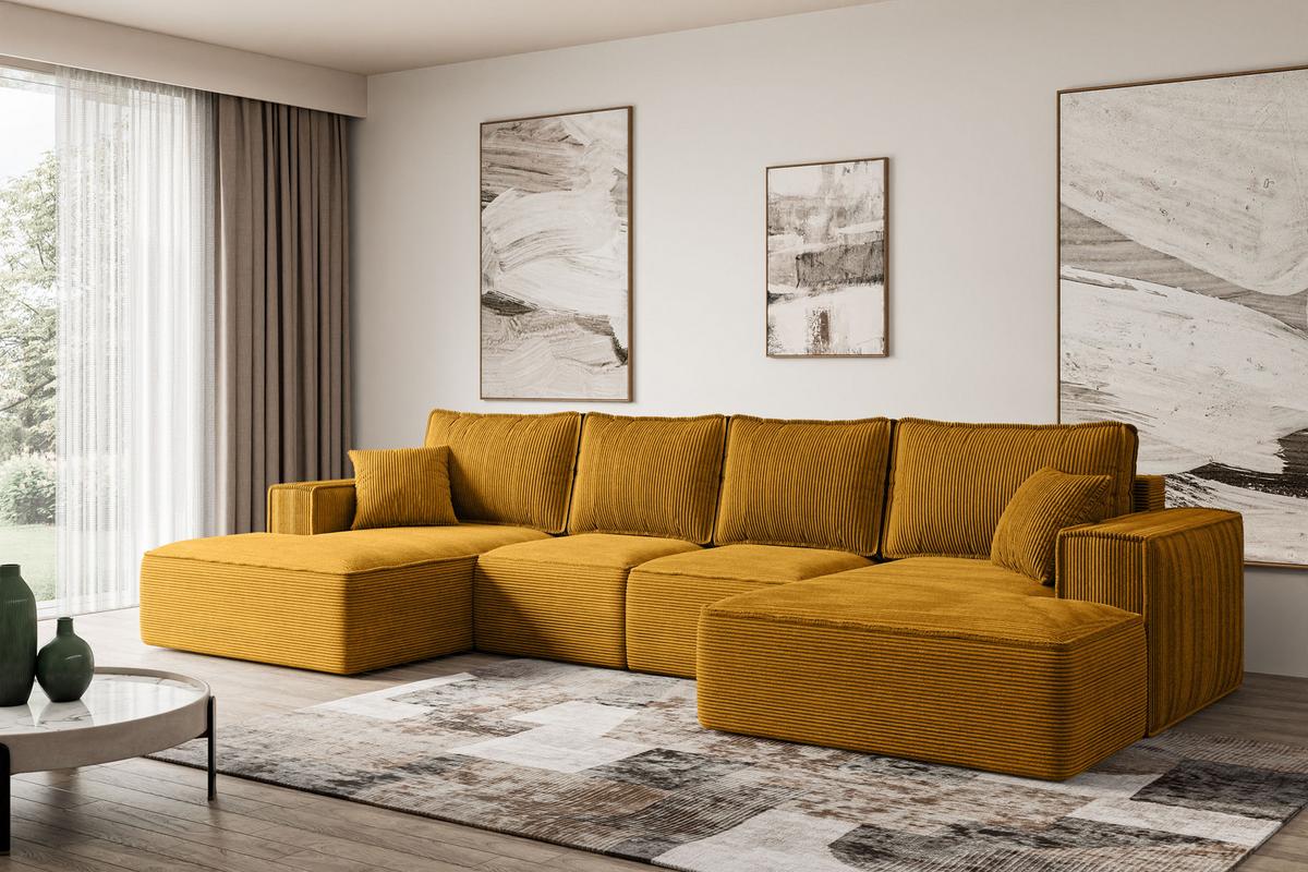 WOHNLANDSCHAFT mit Schlaffunktion und Bettkasten SIERRA-U-S - 349x161x87 cm Senfgelb Cord - Currygelb/Schwarz, Holzwerkstoff/Kunststoff (349/87/161cm) - ALTDECOR