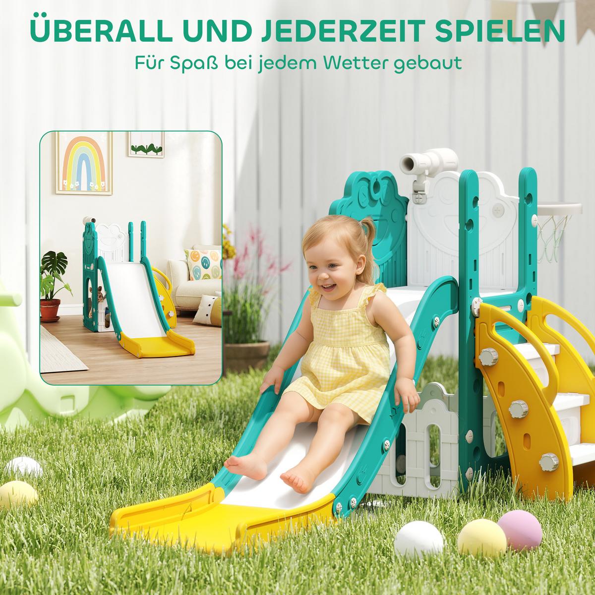 KINDERRUTSCHE 5 in 1 Indoor und Outdoor Babyrutsche mit Basketballkorb, Gelb - Gelb, Kunststoff (70/86/178cm) - AIYAPLAY