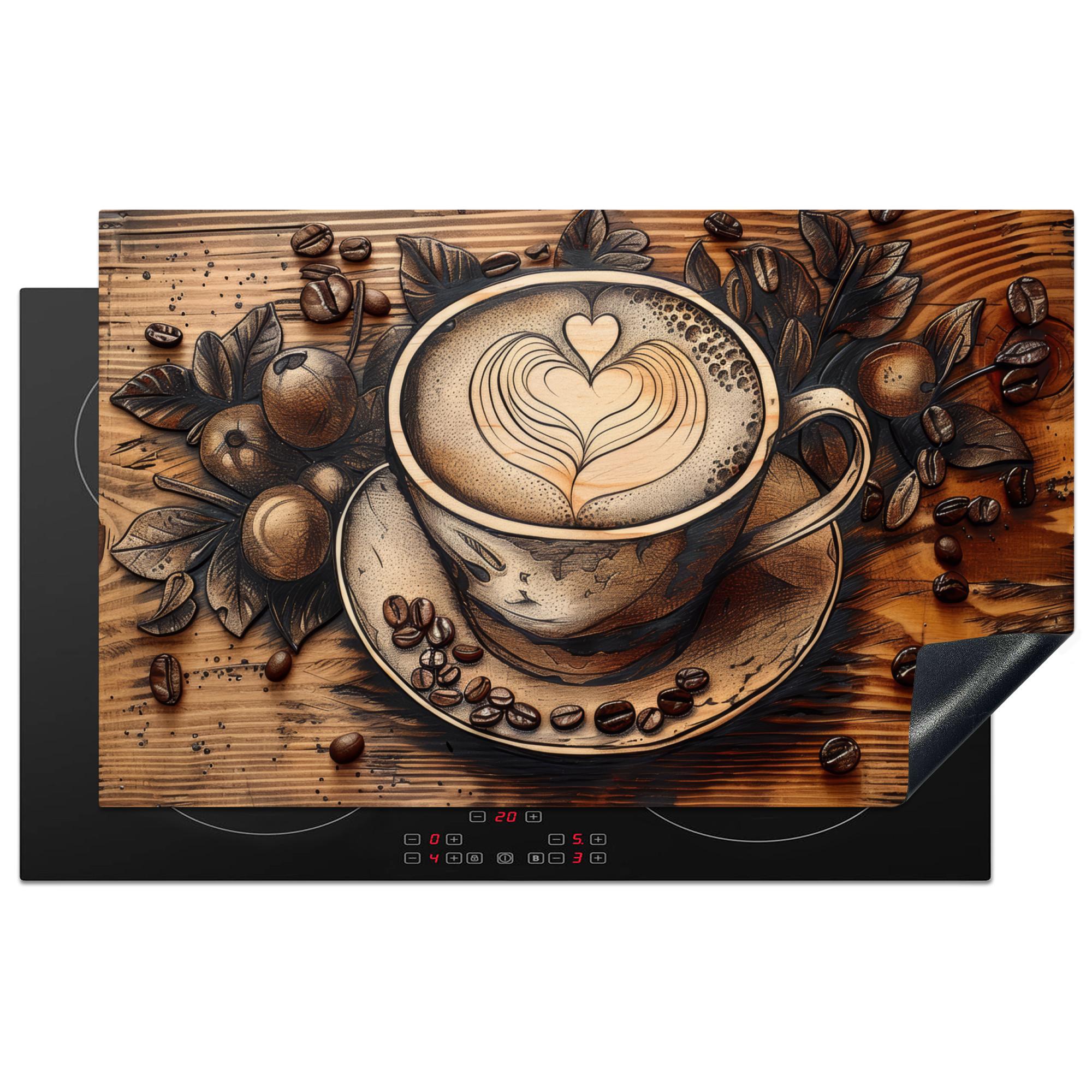 HERDABDECKPLATTE Kaffee - Vintage - Braun - Tasse - Holz Ceranfeldabdeckung 85x52 cm - Cappuccino, Kunststoff (85/52/0.2cm) - MuchoWow
