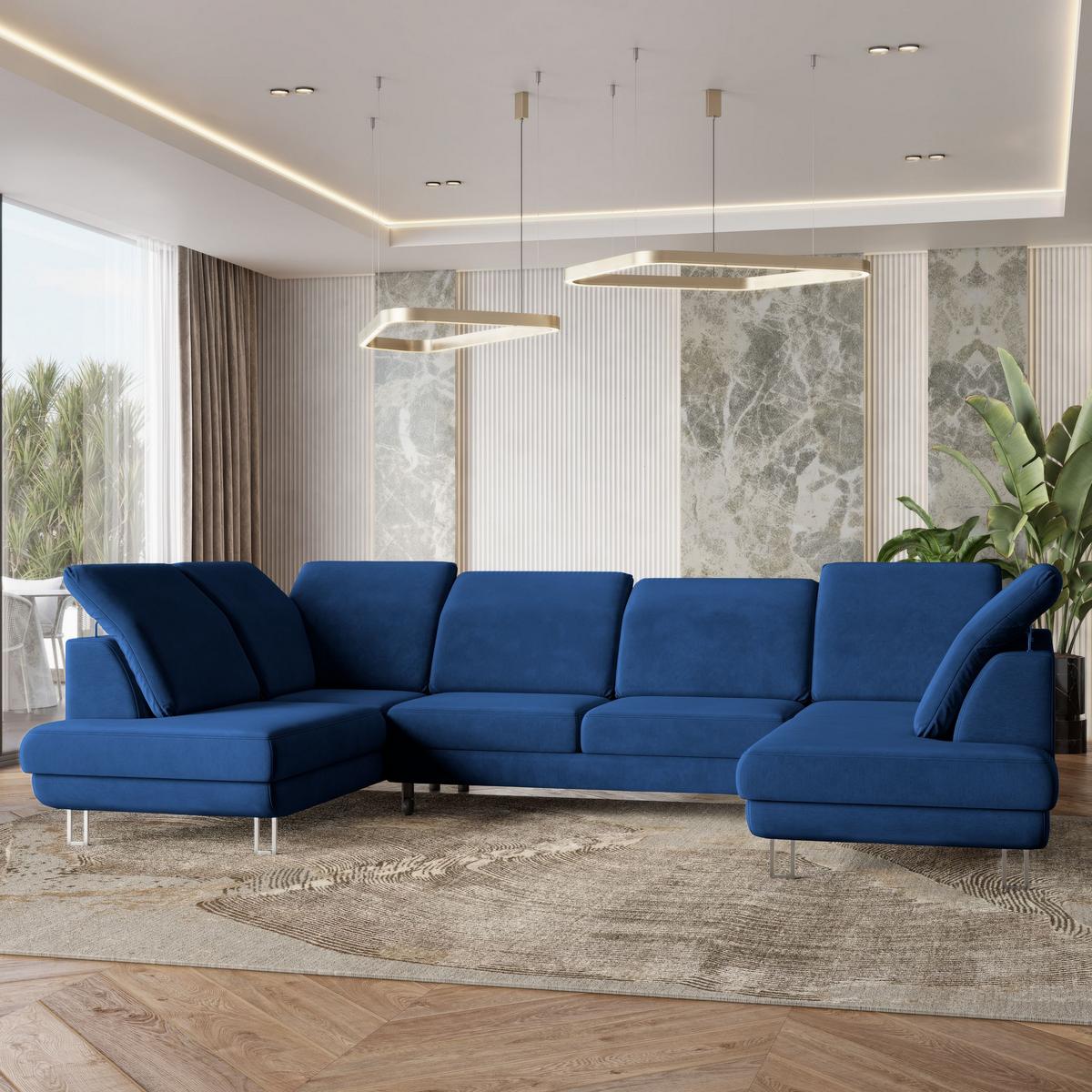 WOHNLANDSCHAFT TERAMO Blau Velours-Stoff mit Schlaffunktion - Blau/Silberfarben, Holz/Textil (316/88/193cm) - MASSENO