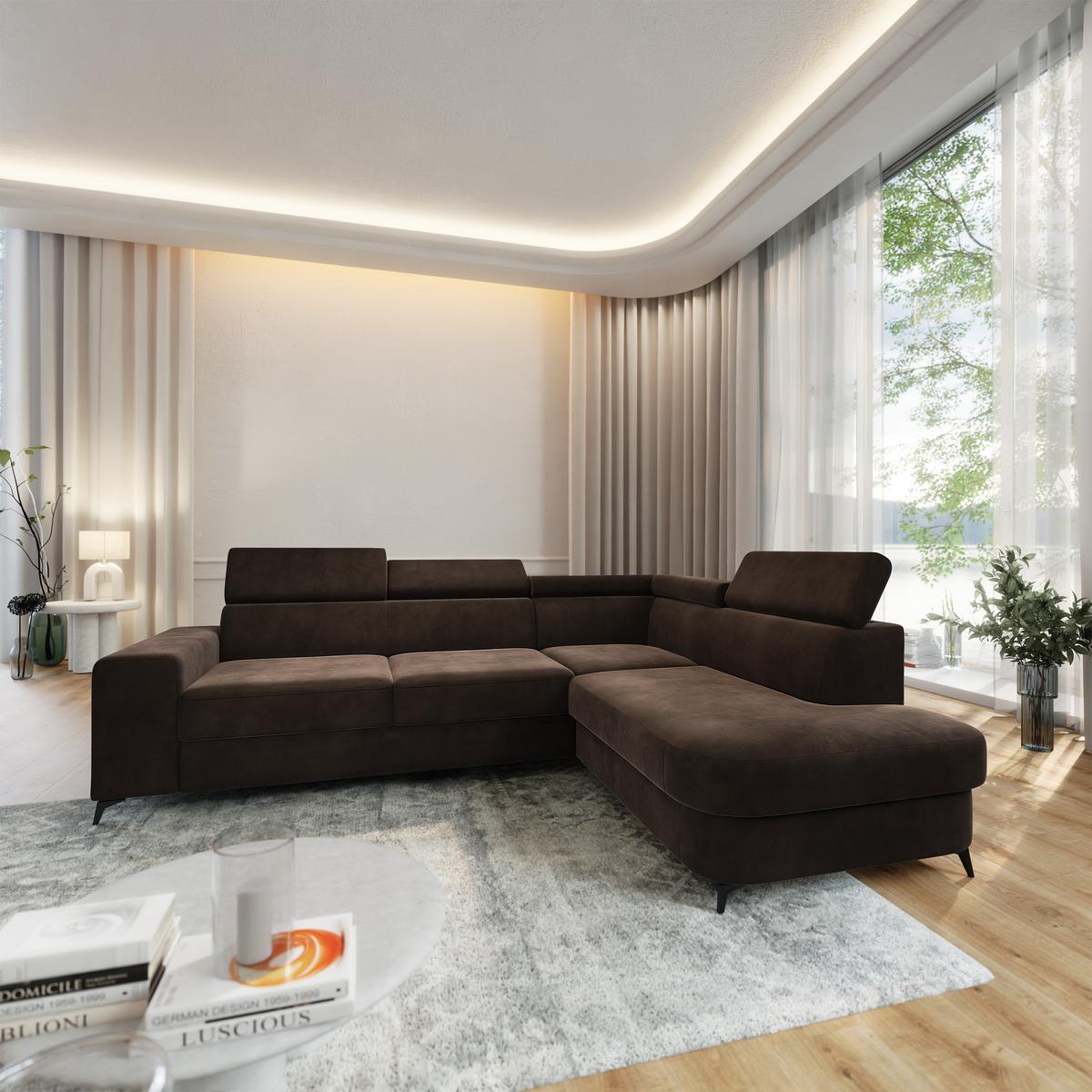 ECKSOFA ALVORO R-S Braun Velours-Stoff mit Schlaffunktion - Braun, Holz (253/190cm) - MASSENO