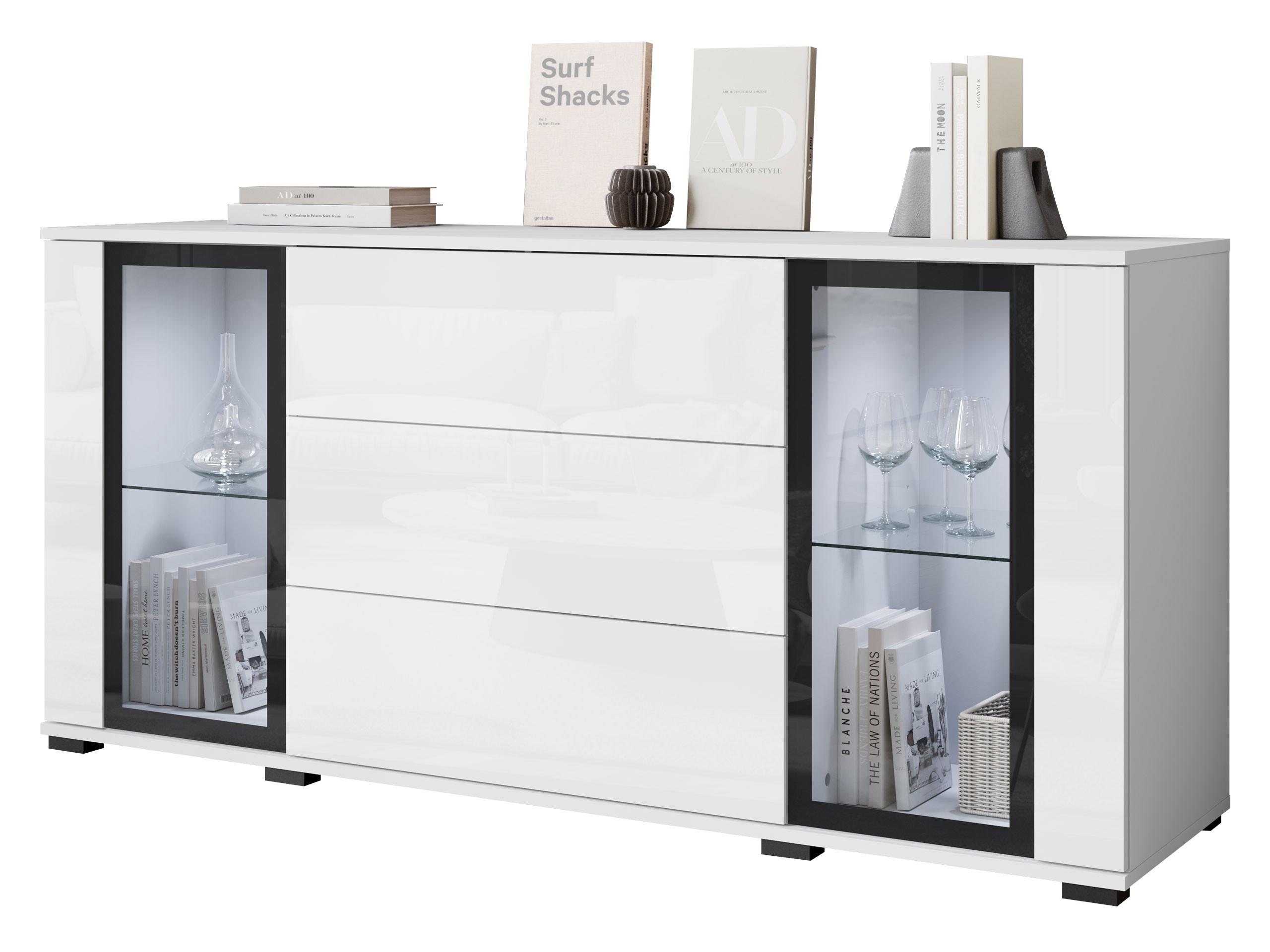 SIDEBOARD Caro SB 150 2D3S mit weißer LED Beleuchtung - Schwarz/Weiß, Holzwerkstoff/Kunststoff (150/70/40cm) - MIRJAN24