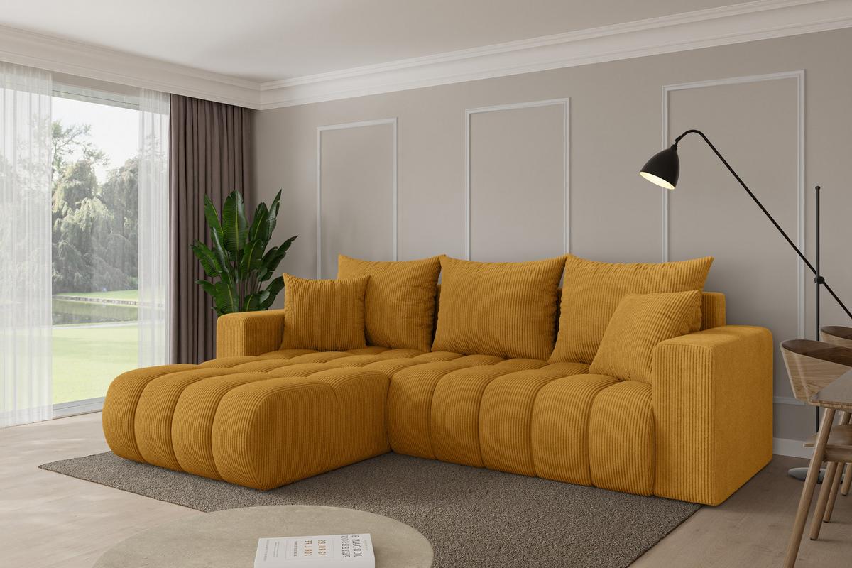 ECKSOFA mit Schlaffunktion Ottomane Links MILA-L-v1 277x195x86 Senfgelb Cord - Dunkelgelb/Schwarz, Holzwerkstoff/Kunststoff (277/194cm) - ALTDECOR