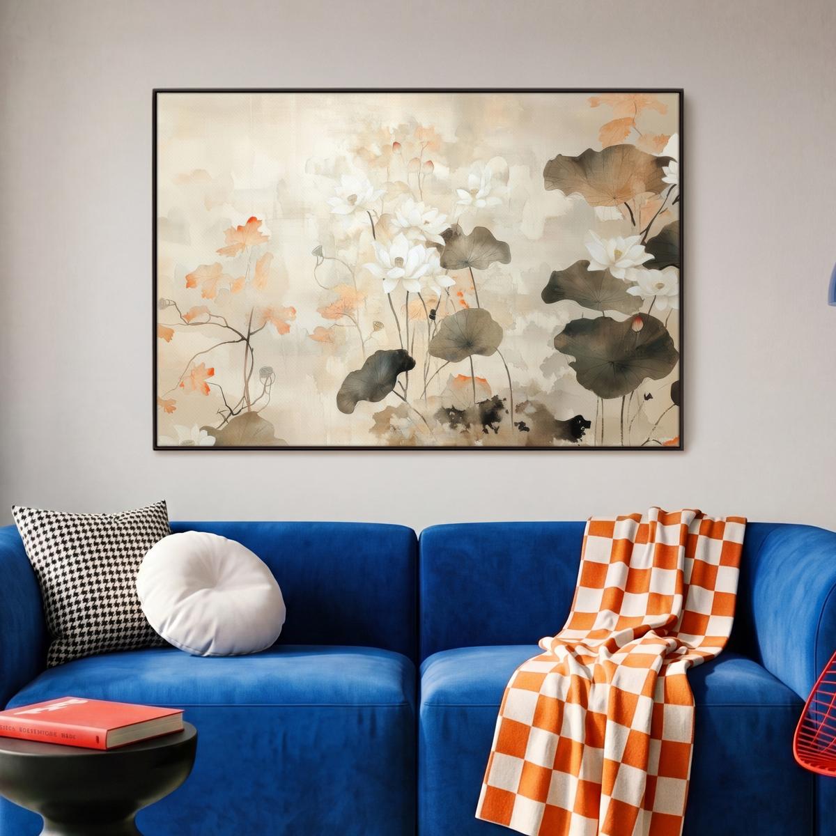 LEINWAND Bilder mit Rahmen - Blumen - Japandi - Wabi sabi - 90x60 - Sandfarben, Textil (90/60cm) - MuchoWow