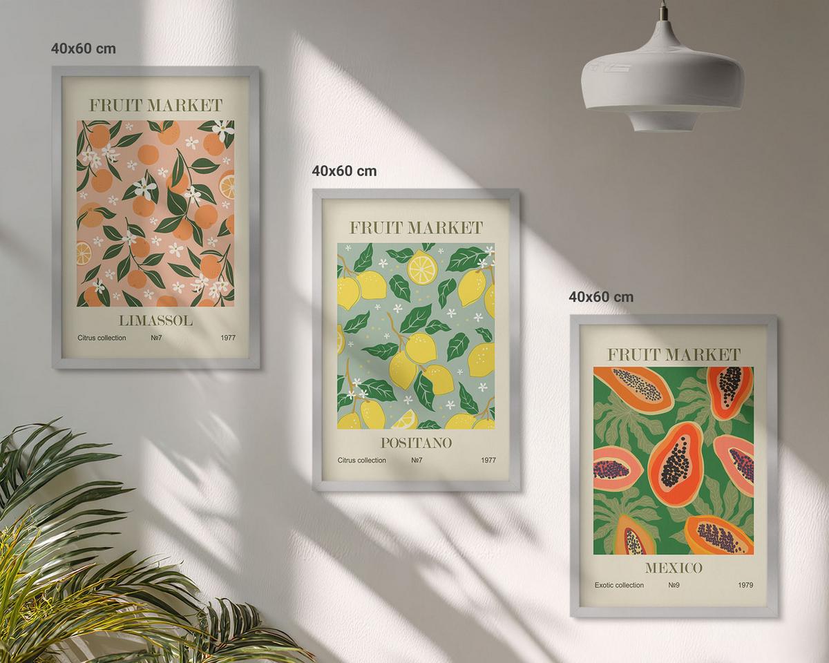 BILDER SET 3er Set - 40x60 cm Silberner Rahmen - Zitrusfrüchte, tropischer Retro-Stil - Silberfarben, Kunststoff (40/60cm) - TULUP