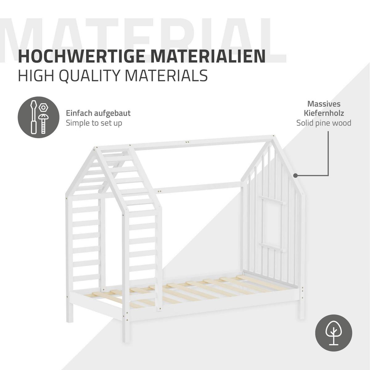 KINDERBETT 80x160 cm mit Lattenrost Dach und Fenster Hausbett aus massivem Kiefernholz Weiß - Weiß, Holz (80/160cm) - ML-DESIGN