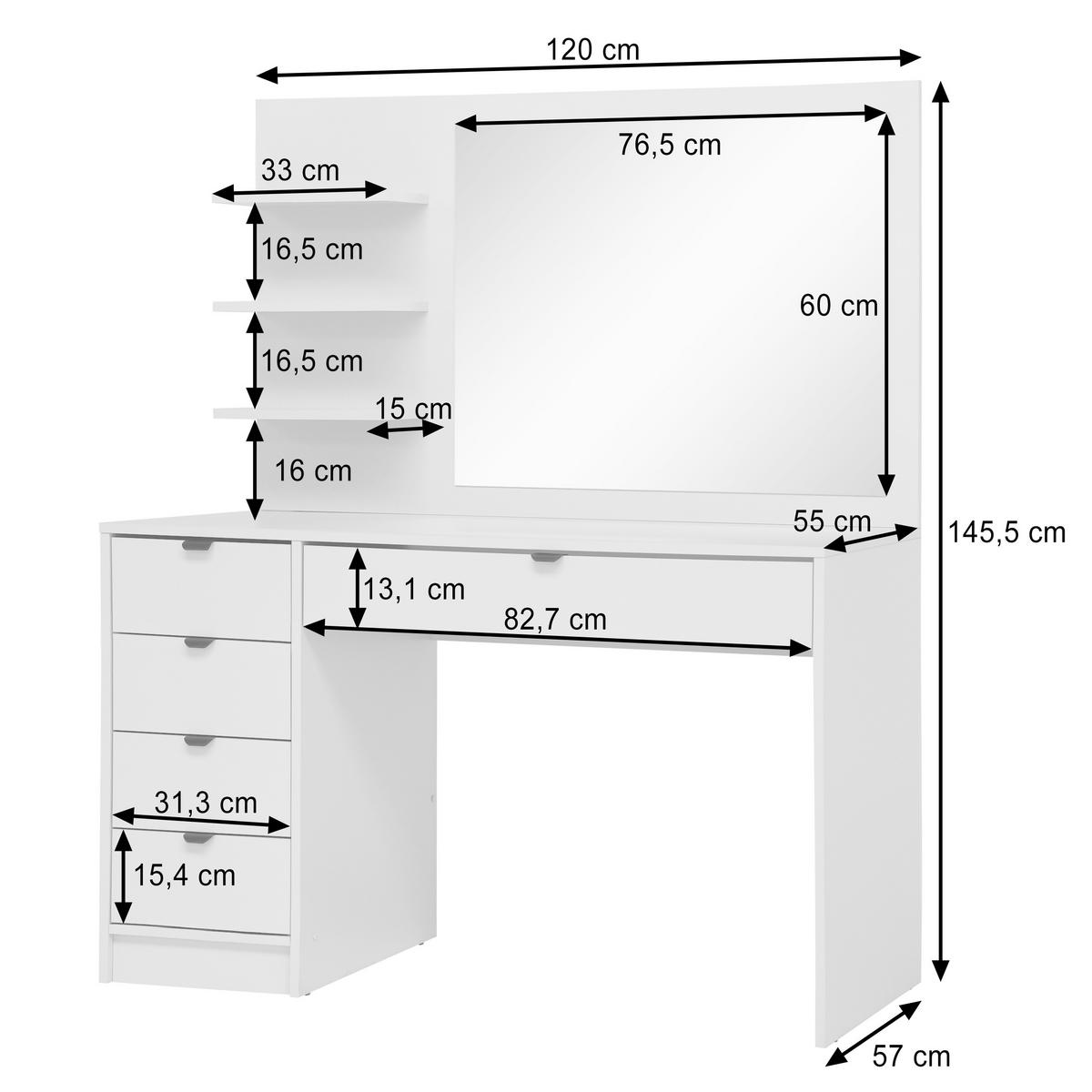 SCHMINKTISCH Malta mit 5 Schubladen, mit Spiegel, mit Griffen, Weiß - Schwarz/Weiß, Holzwerkstoff/Metall (120/145.5/57cm) - Beautysofa