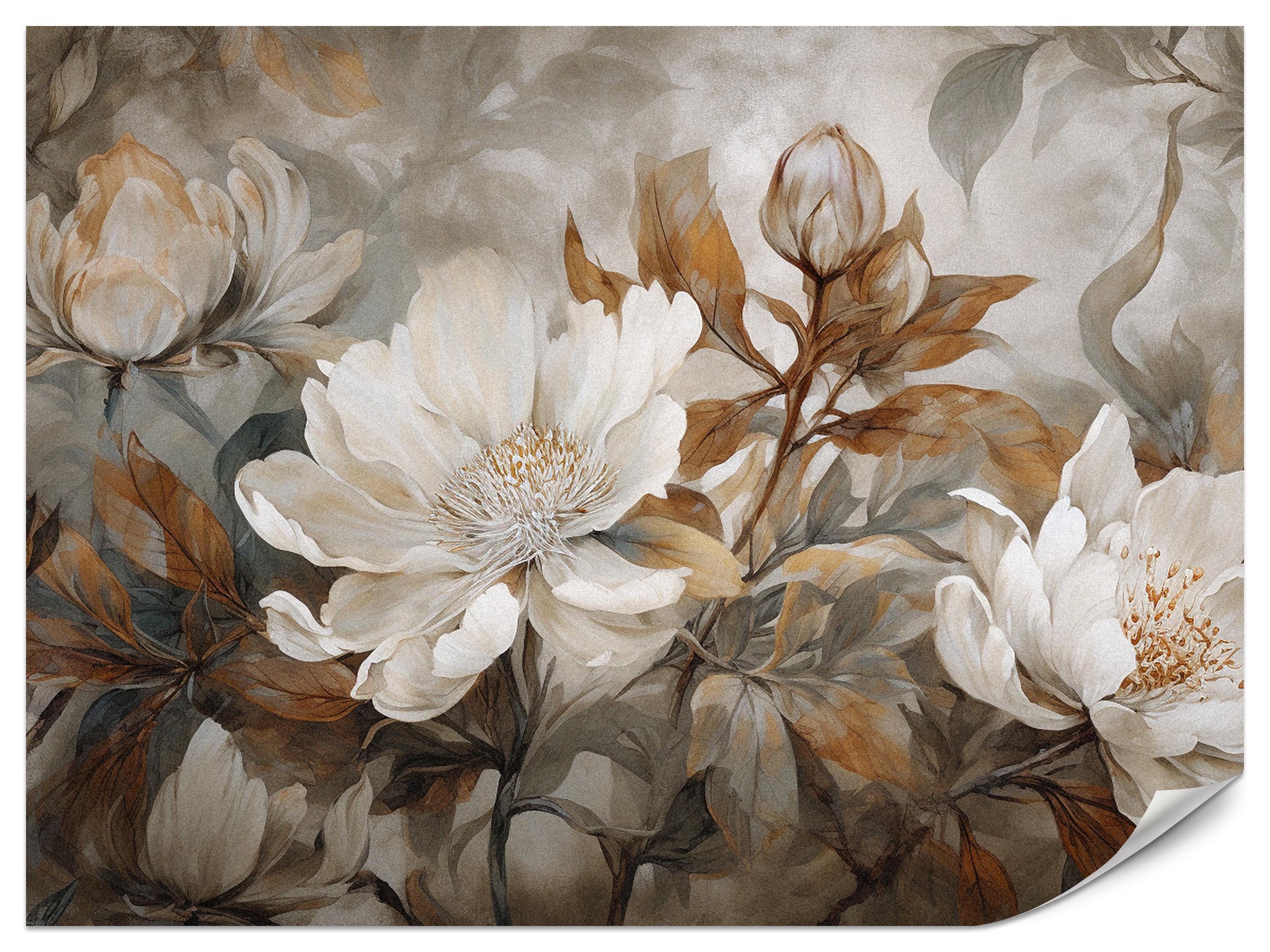 FOTOTAPETE für Wohnzimmer Blätter Abstrakte Blüten Pflanzen Retro 150x105 - Grau, Papier (150/105cm) - Muralo