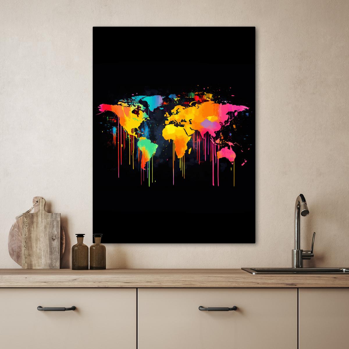 LEINWANDBILD Weltkarte - Farbe - Bunt - Graffiti - Welt Wandbild Wohnzimmer 60x80 cm - Multicolor, Textil (60/80cm) - MuchoWow