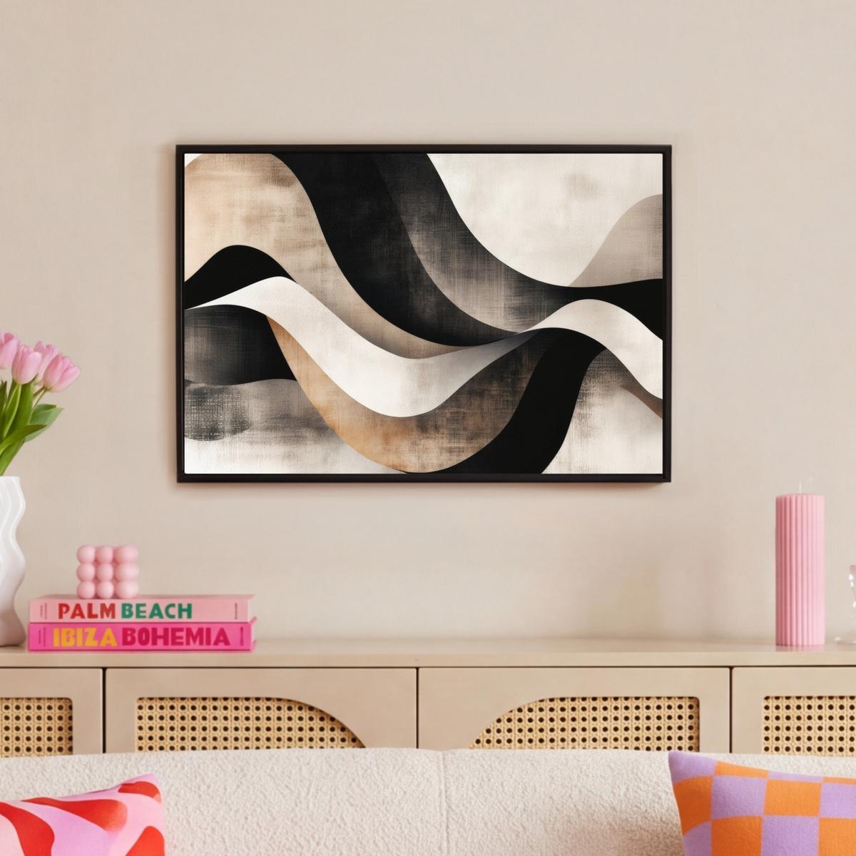 LEINWAND Bilder mit Rahmen - Abstrakt - Wellen - Schwarz - Verwittert - 60x40 - Trüffeleichefarben, Textil (60/40cm) - MuchoWow