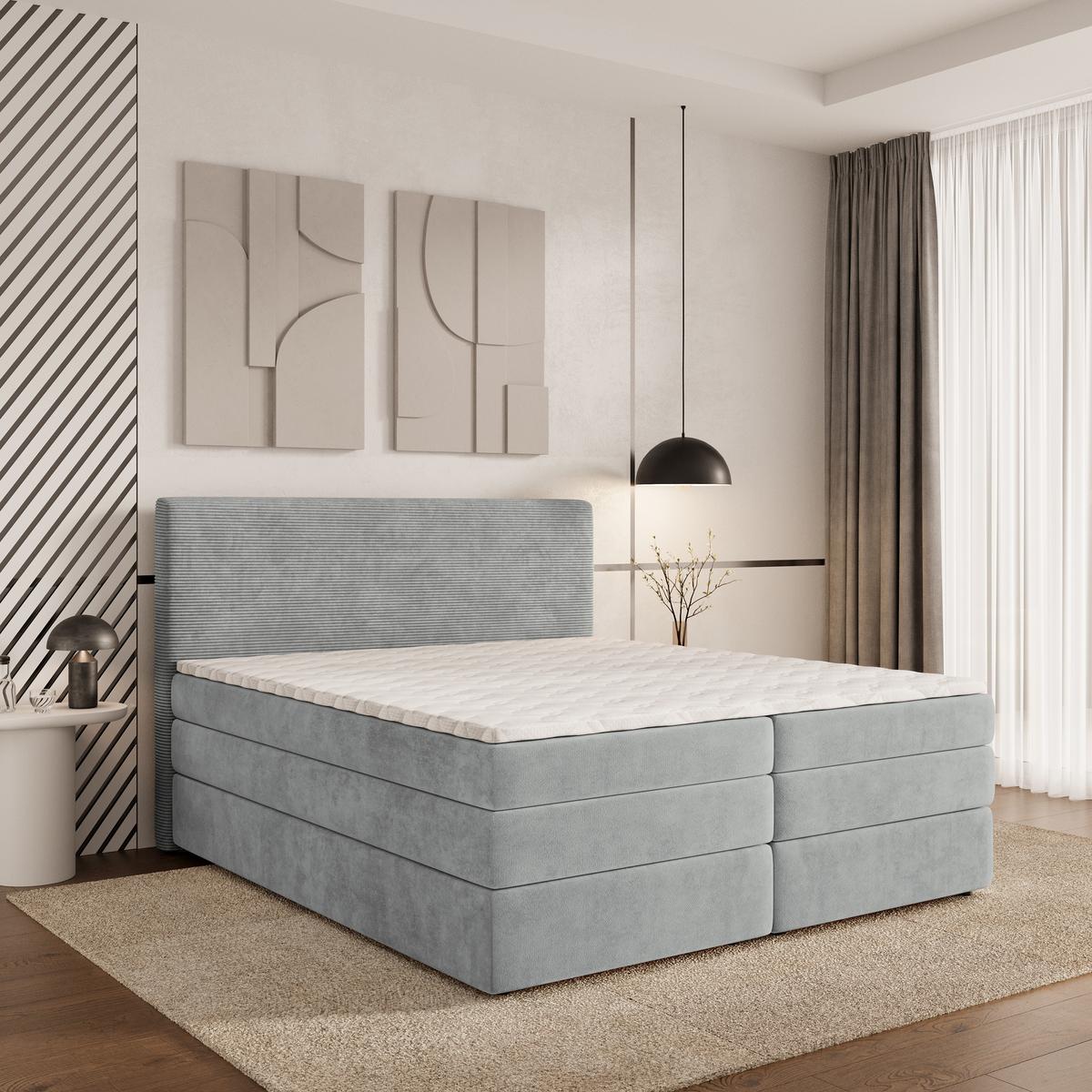 BOXSPRINGBETT MATERN 160x200 cm mit Matratze und Topper - Hellgrau - Hellgrau, Holz (160/200cm) - MASSENO