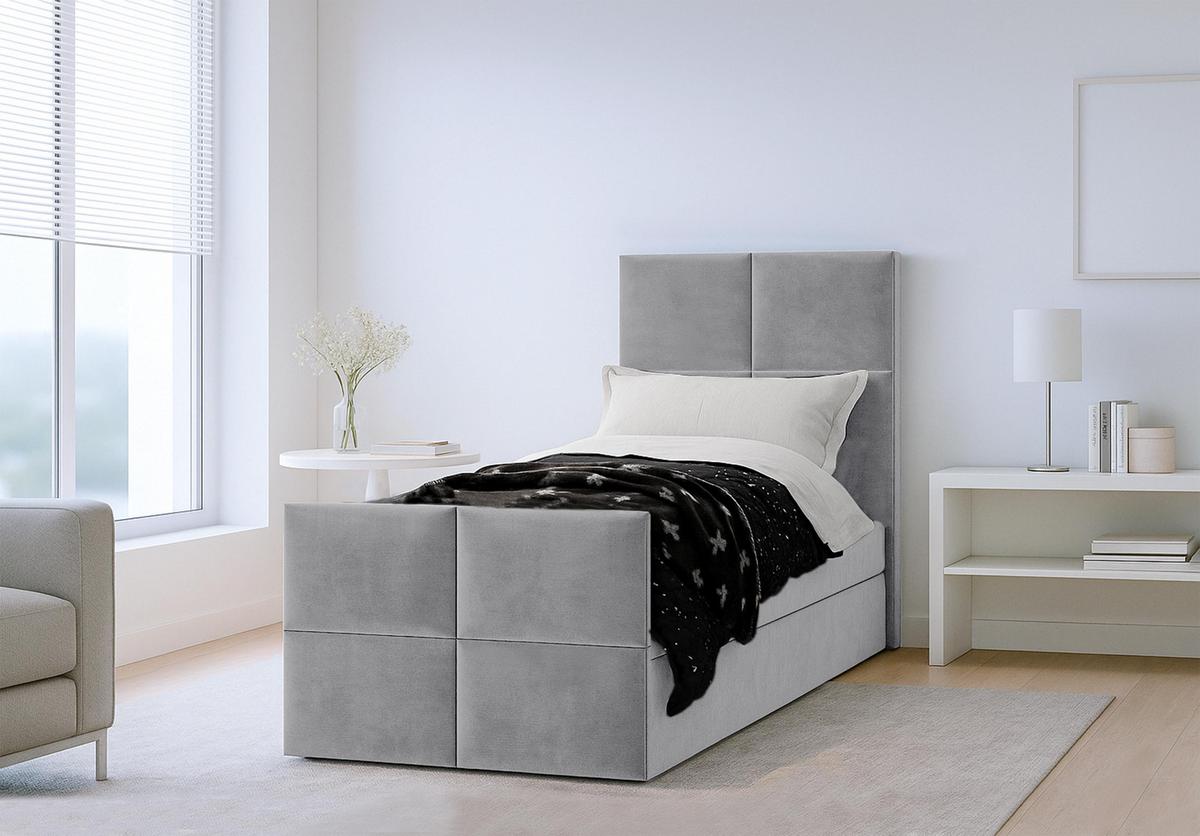 BOXBETT ALEYNA 90x200 cm mit Bettkasten und Matratze - Grau + TOPPER - Schwarz/Grau, Holz/Holzwerkstoff (90/200cm) - AX Living