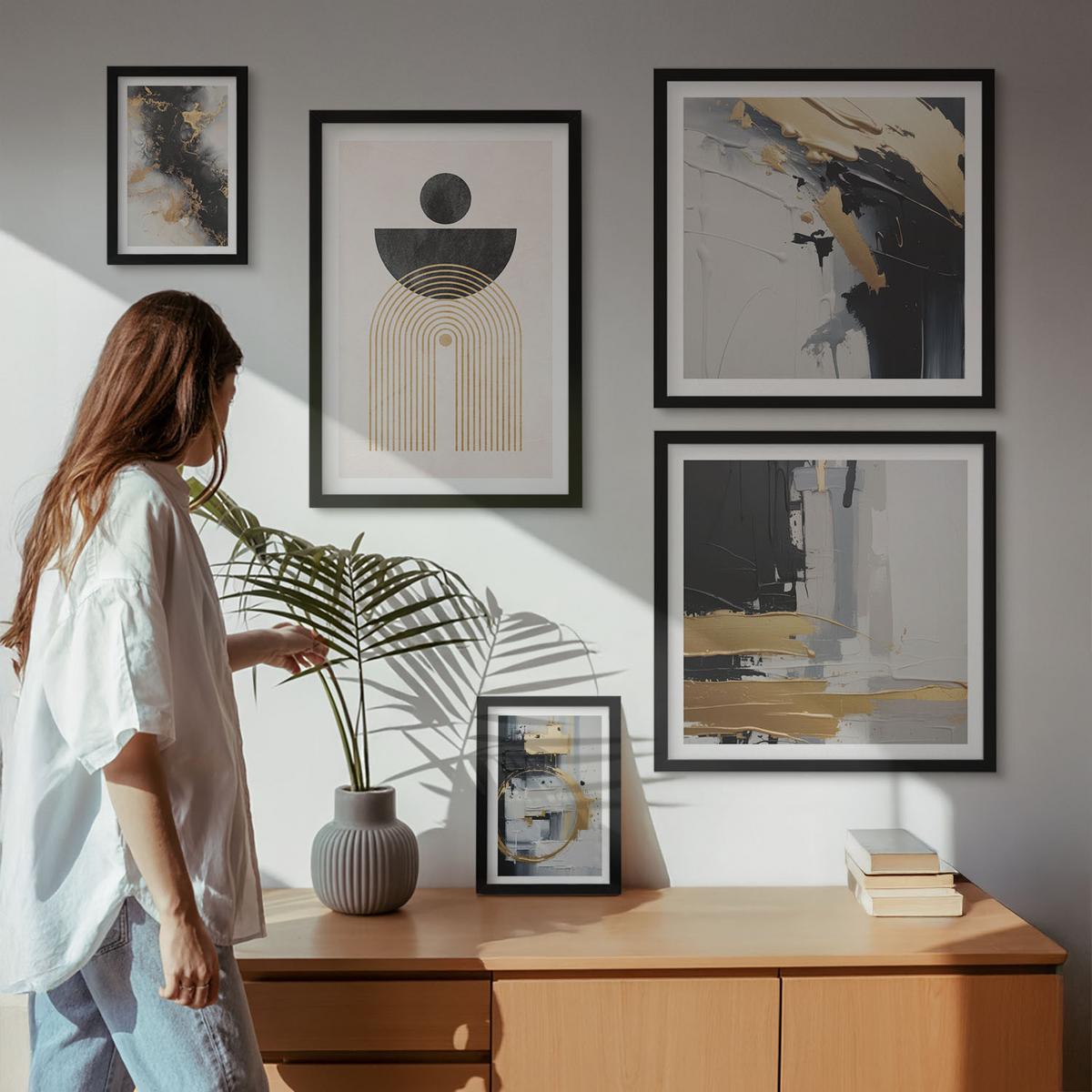 BILDER SET 5er Set - 50x50 cm & 20x30 cm & 40x60 cm Schwarzer Rahmen - Abstrakte Geometrie-Komposition - Schwarz, Kunststoff (40/60cm) - TULUP