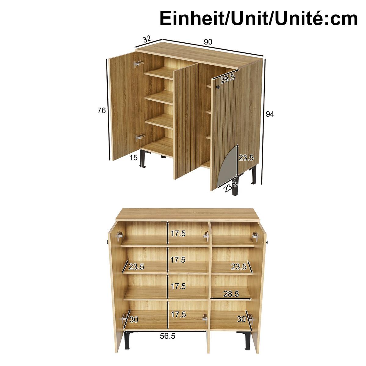 SCHUHSCHRANK in Holzoptik mit 3 Türen, Beige - Naturfarben, Holzwerkstoff (90/94/32cm) - Urban Meuble