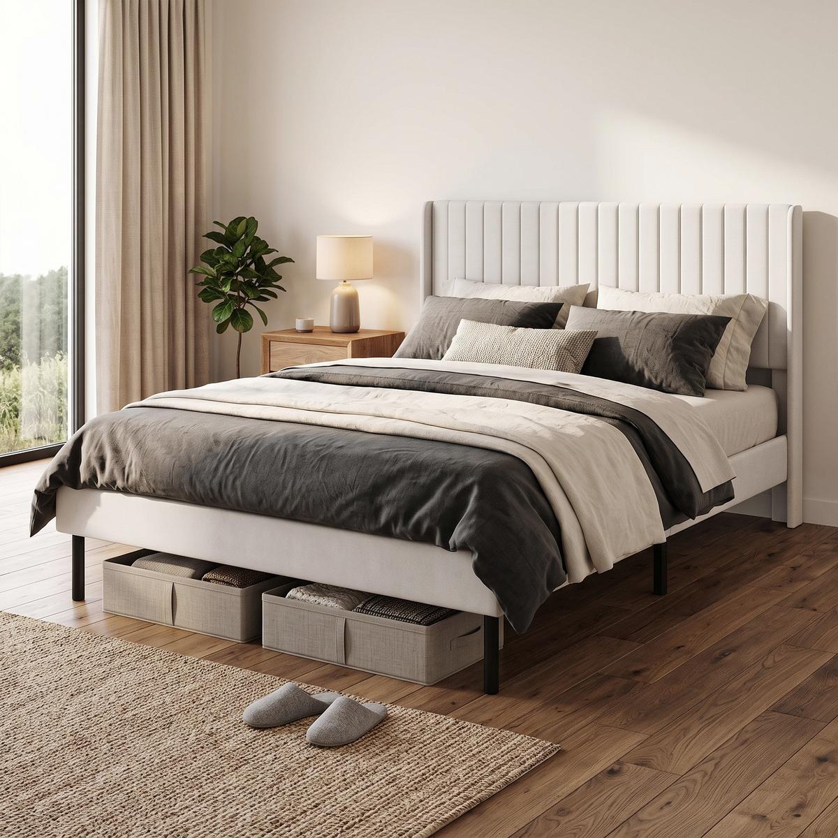 BETTGESTELL Holland-Samt Beige - Beige/Schwarz, Holzwerkstoff/Kunststoff (140/200cm) - HOMCOM