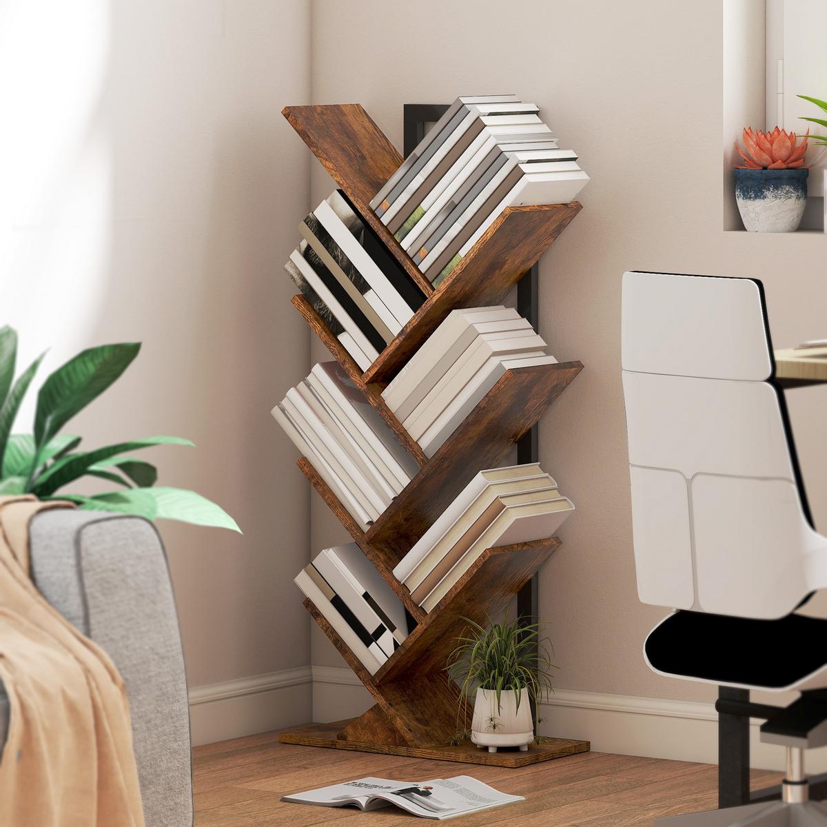 BÜCHERREGAL Standregal mit 7 Ebenen Schmal Regal im Baumform Rustikal Braun - Rostfarben/Schwarz, Holzwerkstoff/Metall (24/109/50cm) - HOMCOM
