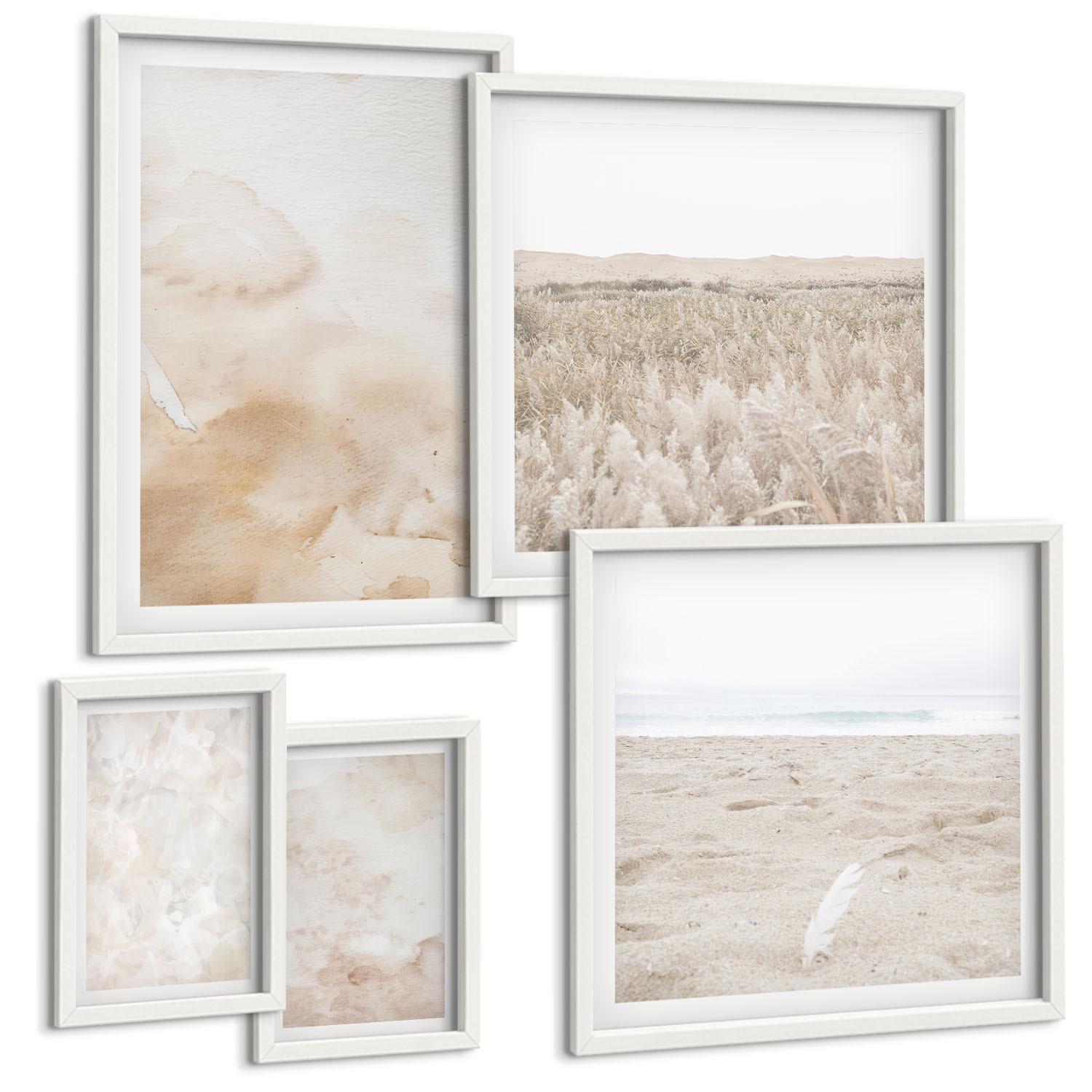 BILDER SET 5er Set - 50x50 cm & 20x30 cm & 40x60 cm Weißer Rahmen - Modische Pastelltexturen - Weiß, Kunststoff (40/60cm) - TULUP