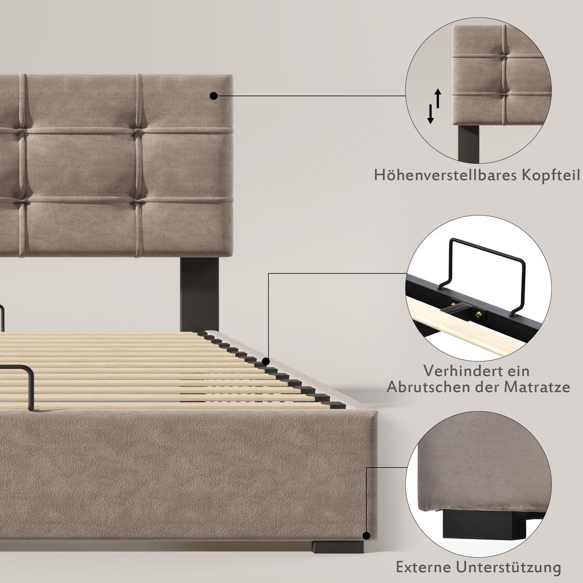 DOPPELBETT Hellgrau 203/96/97,5–117,5 cm - Grau, Holz/Textil - Urban Meuble