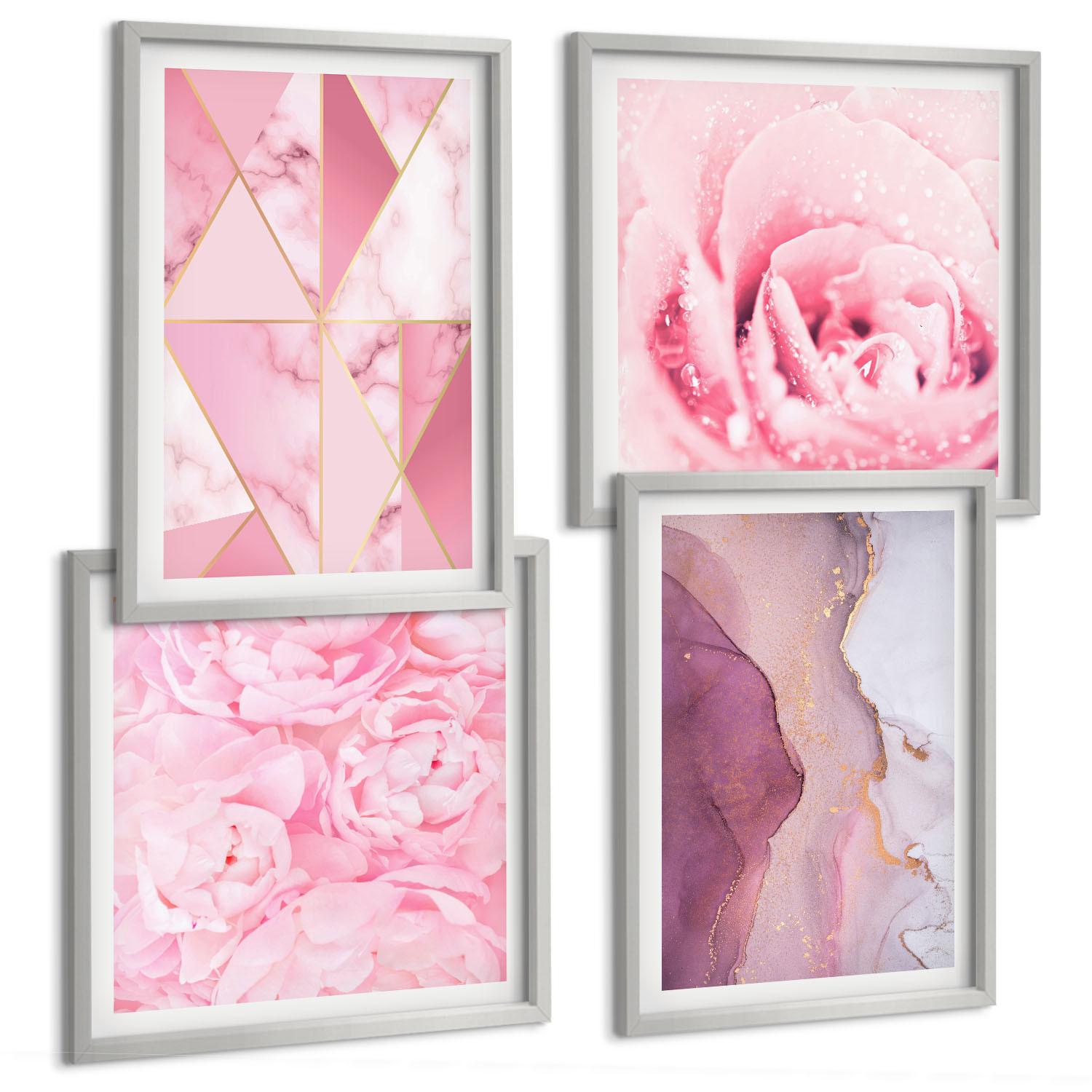 BILDER SET 4er Set - 50x50 cm & 40x60 cm Silberner Rahmen - Rosa geometrische Pfingstrosen - Silberfarben, Kunststoff (50/50cm) - TULUP