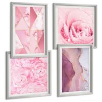 BILDER SET 4er Set - 50x50 cm & 40x60 cm Silberner Rahmen - Rosa geometrische Pfingstrosen - Silberfarben, Kunststoff (50/50cm) - TULUP