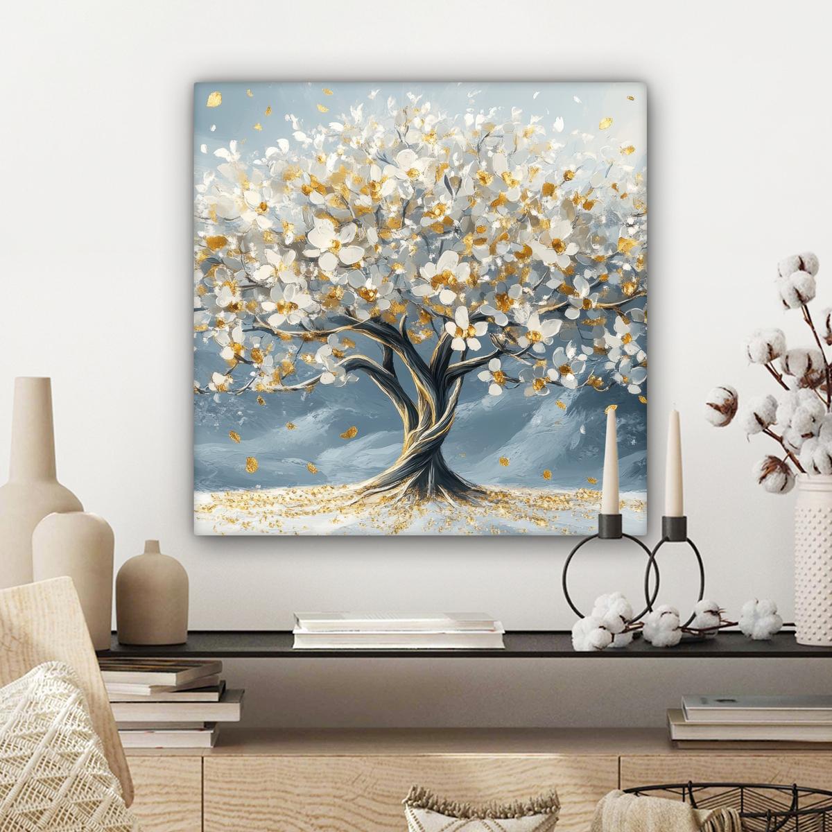 LEINWANDBILD Baum - Winter - Baum des Lebens - Modern - Gold Wandbild Wohnzimmer 50x50 cm - Goldfarben, Textil (50/50cm) - MuchoWow