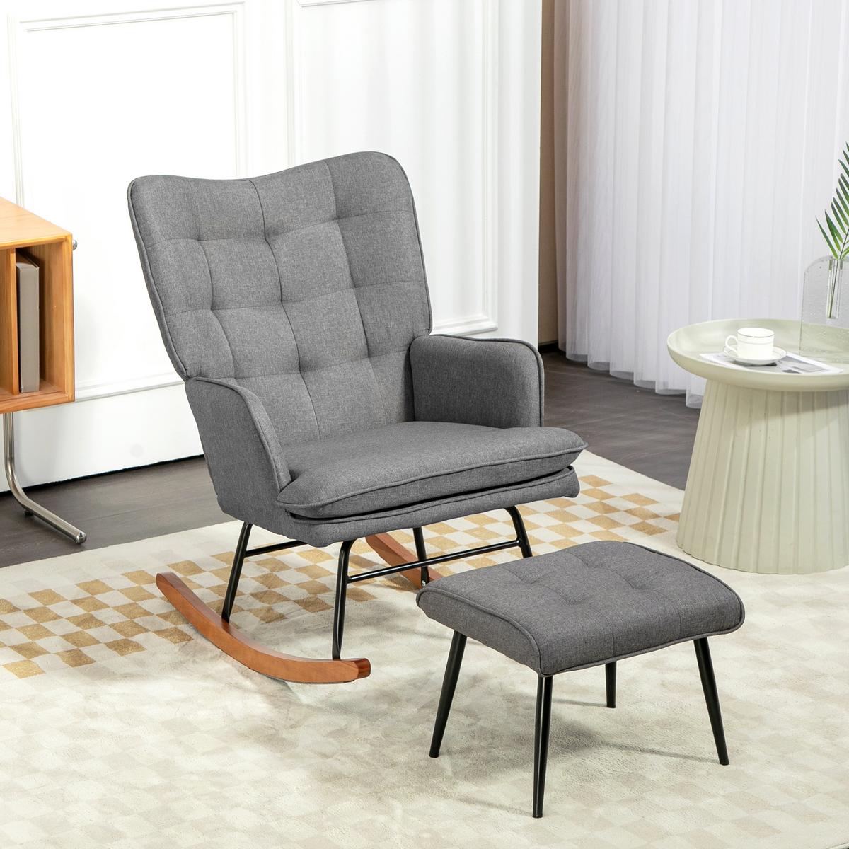 SCHAUKELSTUHL Schwingsessel mit Hocker Armlehnsessel Relaxsessel mit Leinenoptik - Dunkelgrau/Schwarz, Holz/Textil (89/90/64cm) - HOMCOM