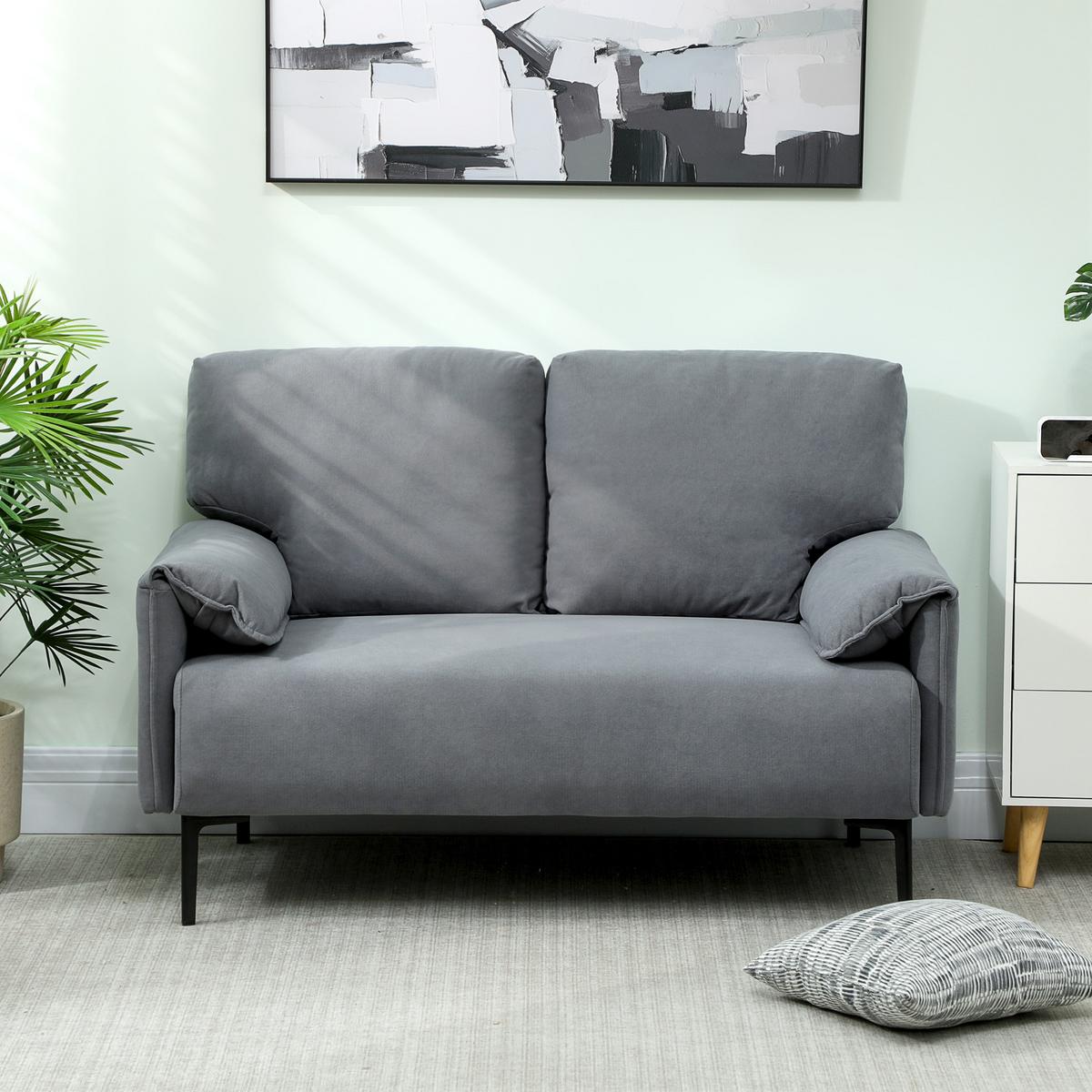 SOFA 2-Sitzer 127 cm Kleine Gepolstert Couch mit Armlehne, Samtoptik, Grau - Schwarz/Grau, Textil/Metall (72/84/127cm) - HOMCOM