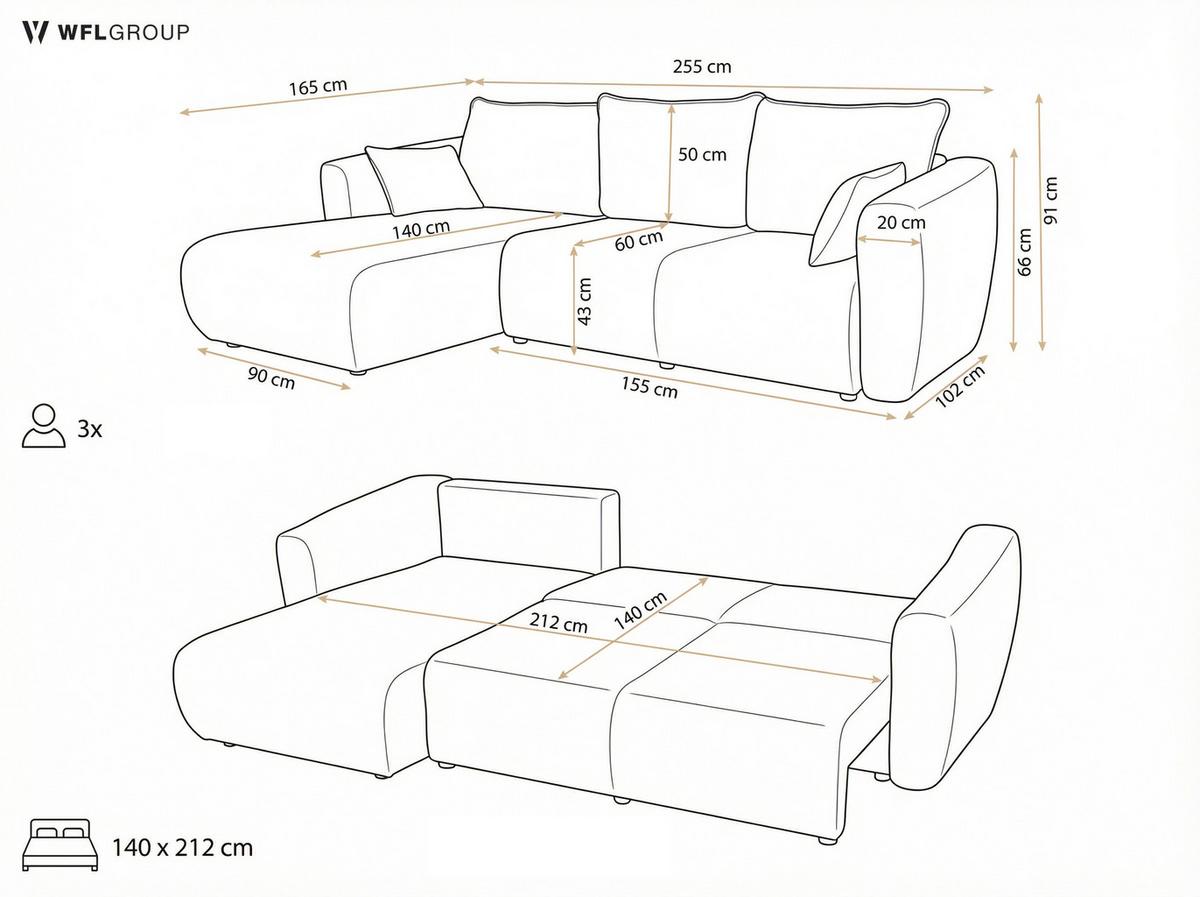 ECKSOFA Fabio mit Bettkasten, Strukturiert Ecru 255/165/91 cm - Ecru/Schwarz, Textil (255/165cm) - WFL GROUP