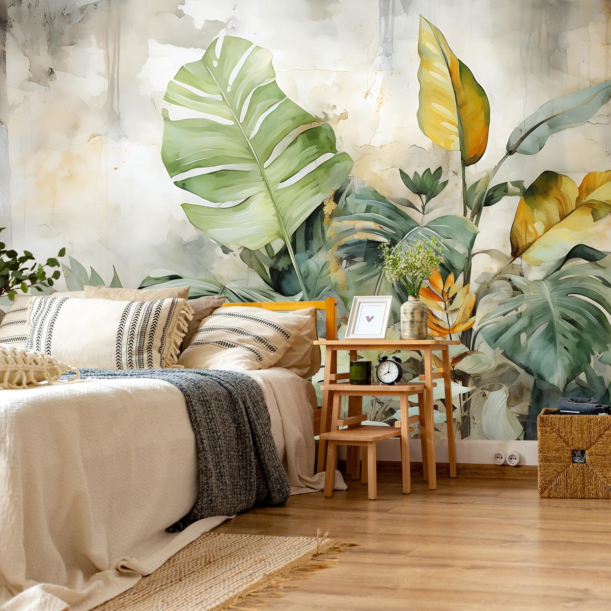 FOTOTAPETE für Wohnzimmer Tropische Blätter Aquarell Abstrakt 450x315 - Gelb/Beige, Papier (450/315cm) - Muralo