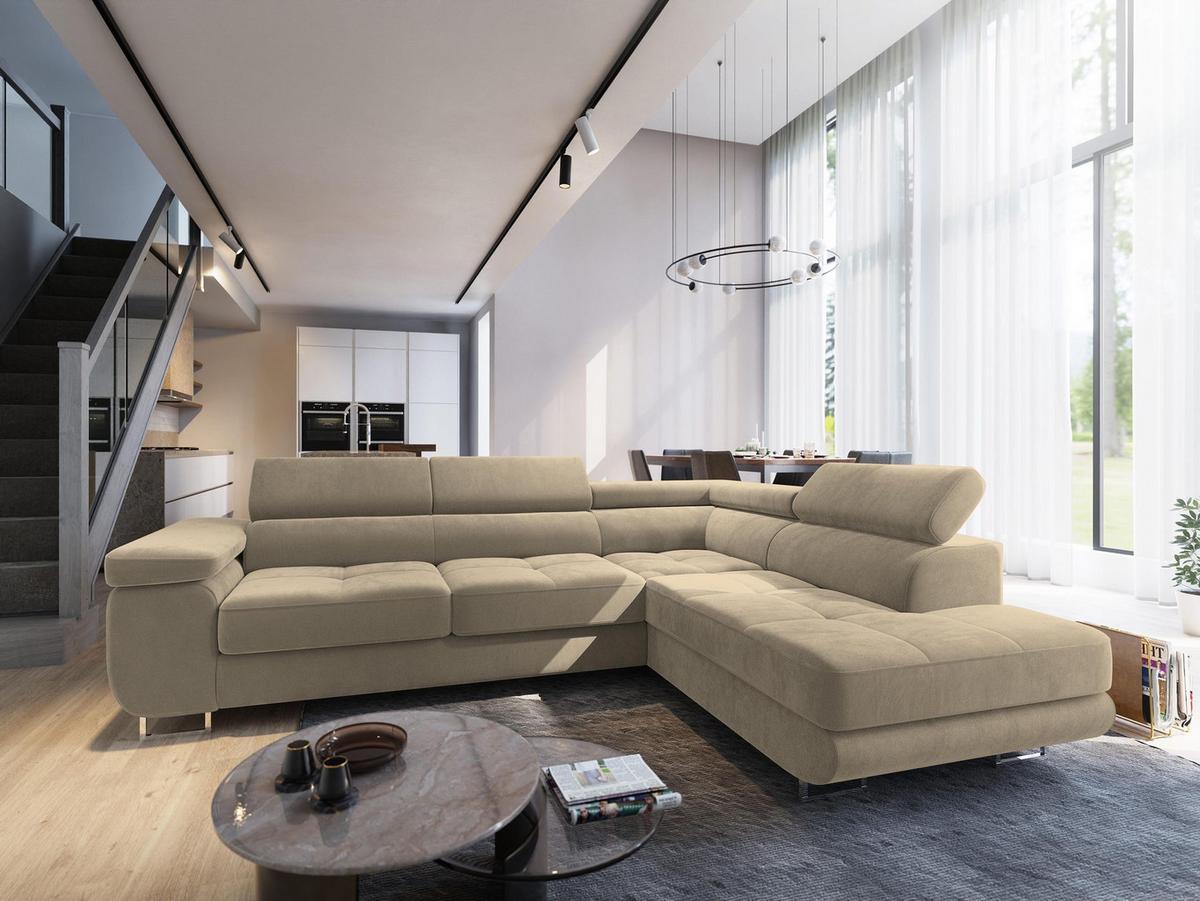 ECKSOFA SELVA R-S Creme Velours-Stoff mit Schlaffunktion - Silberfarben/Creme, Holz/Holzwerkstoff (275/202cm) - MASSENO