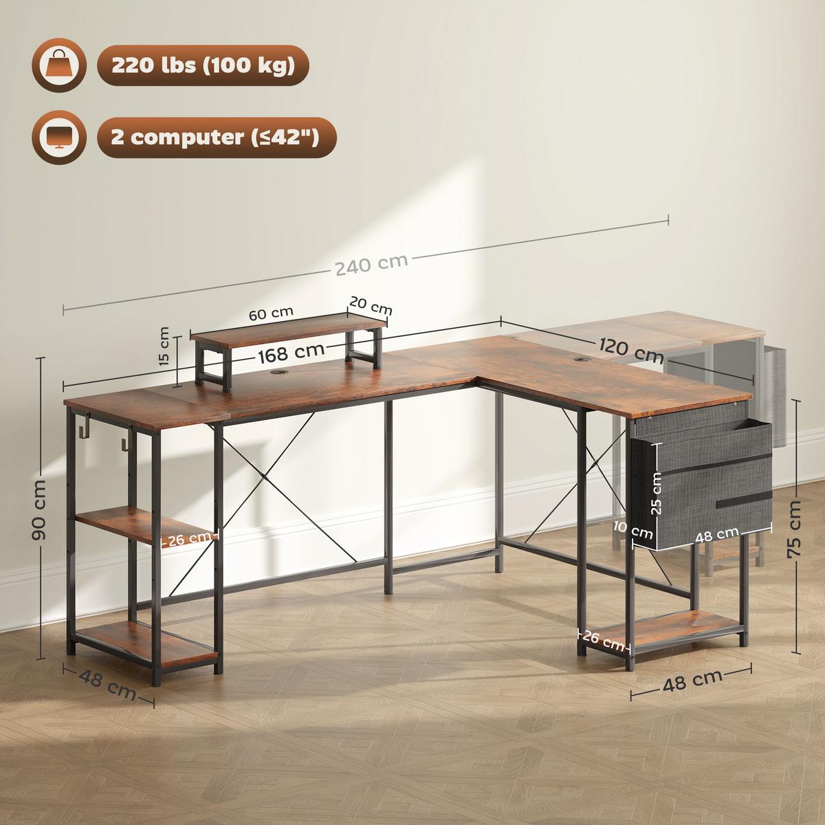 L-FÖRMIGER Schreibtisch 168 x 120 cm Eckschreibtisch mit Ablagefächern - Braun, Metall (168/120/90cm) - HOMCOM