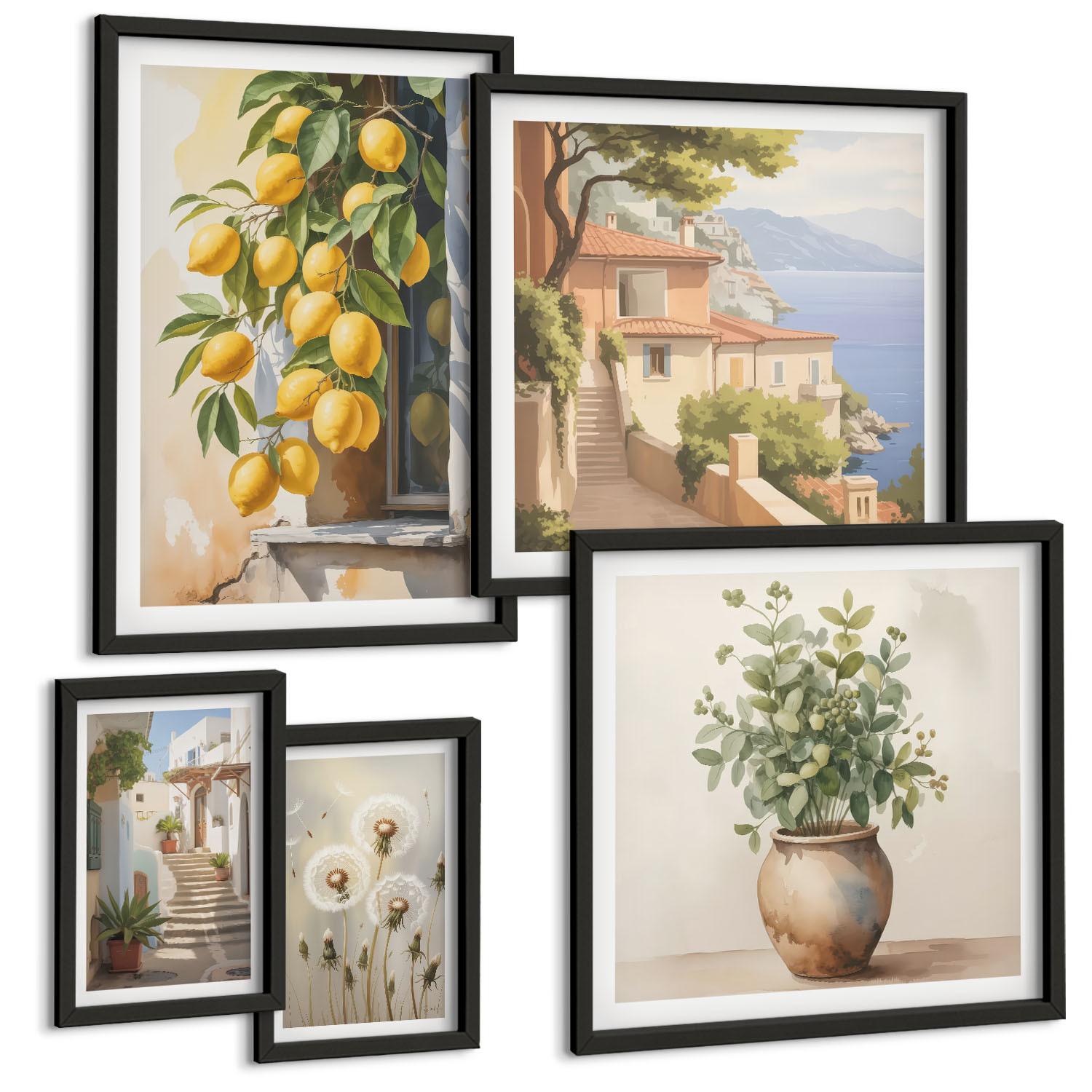 BILDER SET 5er Set - 50x50 cm & 20x30 cm & 40x60 cm Schwarzer Rahmen - Lemon Streets Meerblick - Schwarz, Kunststoff (40/60cm) - TULUP