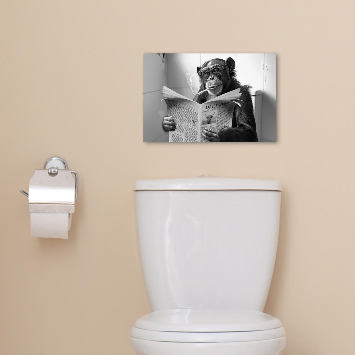 LEINWANDBILD Affe - WC - Zeitung - Schwarz-Weiß - Humor Deko Schlafzimmer 30x20 cm - Hellgrau, Textil (30/20cm) - MuchoWow