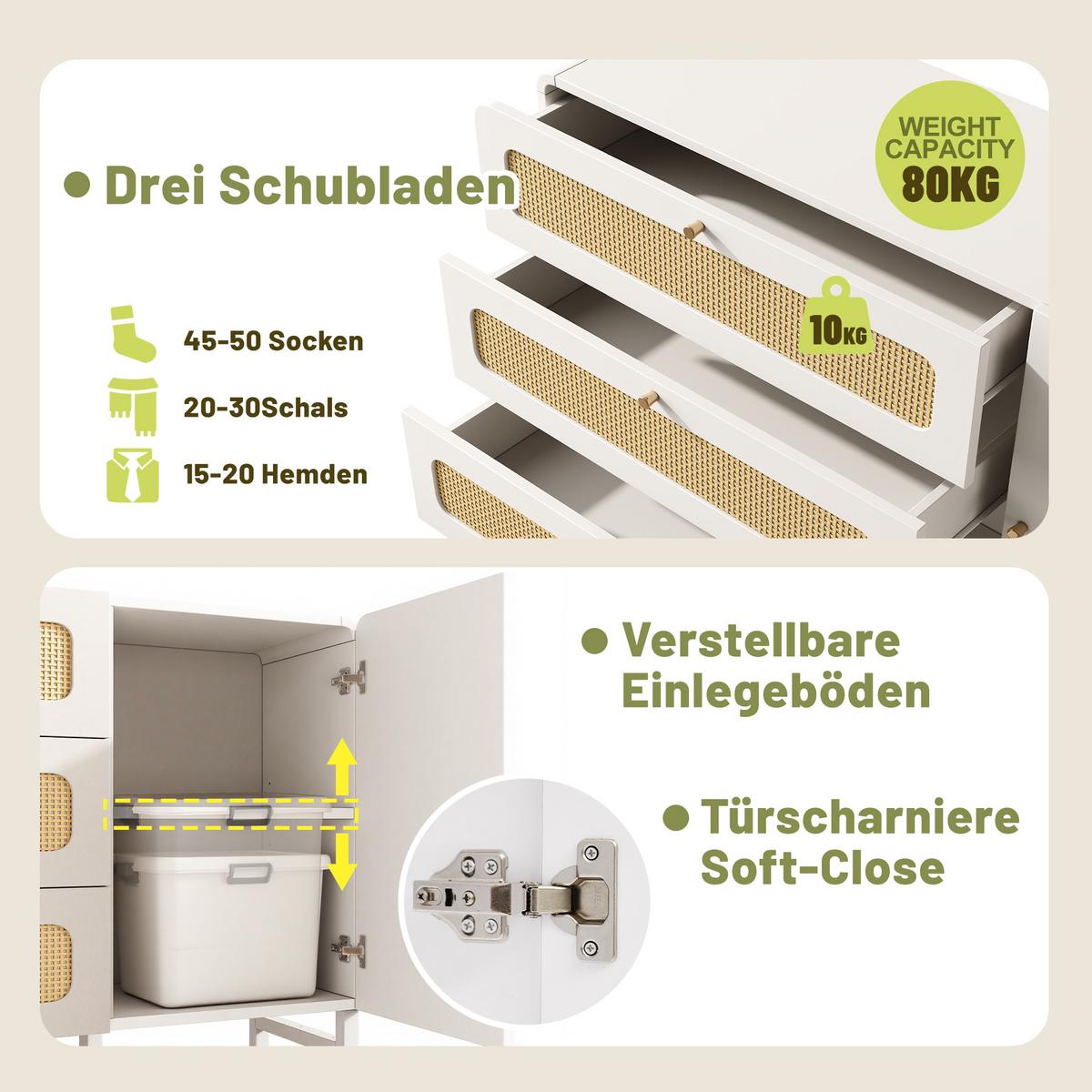 KOMMODE 120 cm in Weiß & Rattan-Optik Sideboard mit 3 Schubladen - Weiß, Holzwerkstoff/Metall (120/85/40cm) - Urban Meuble