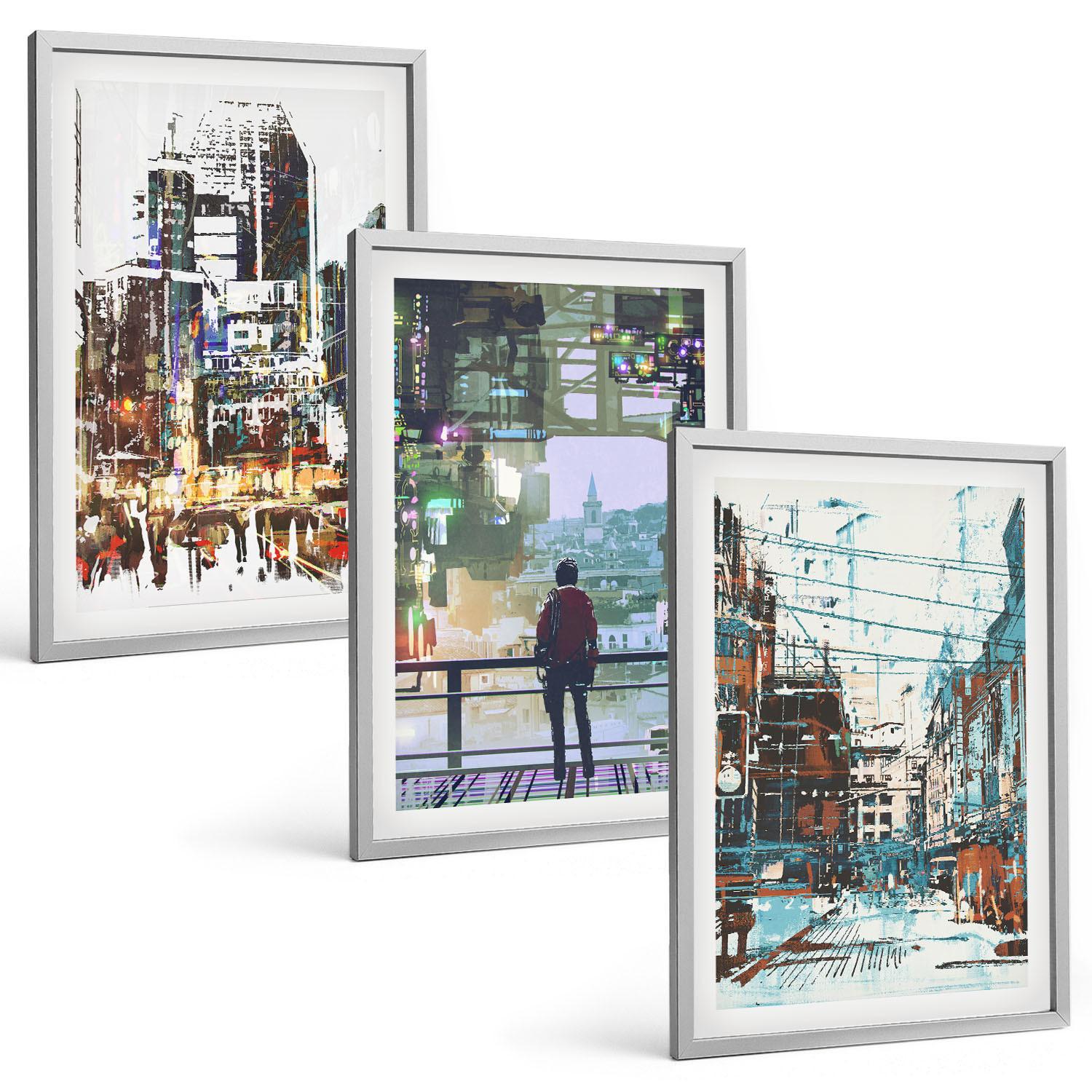 BILDER SET 3er Set - 40x60 cm Silberner Rahmen - Moderne Städte, bunte Charaktere - Silberfarben, Kunststoff (40/60cm) - TULUP
