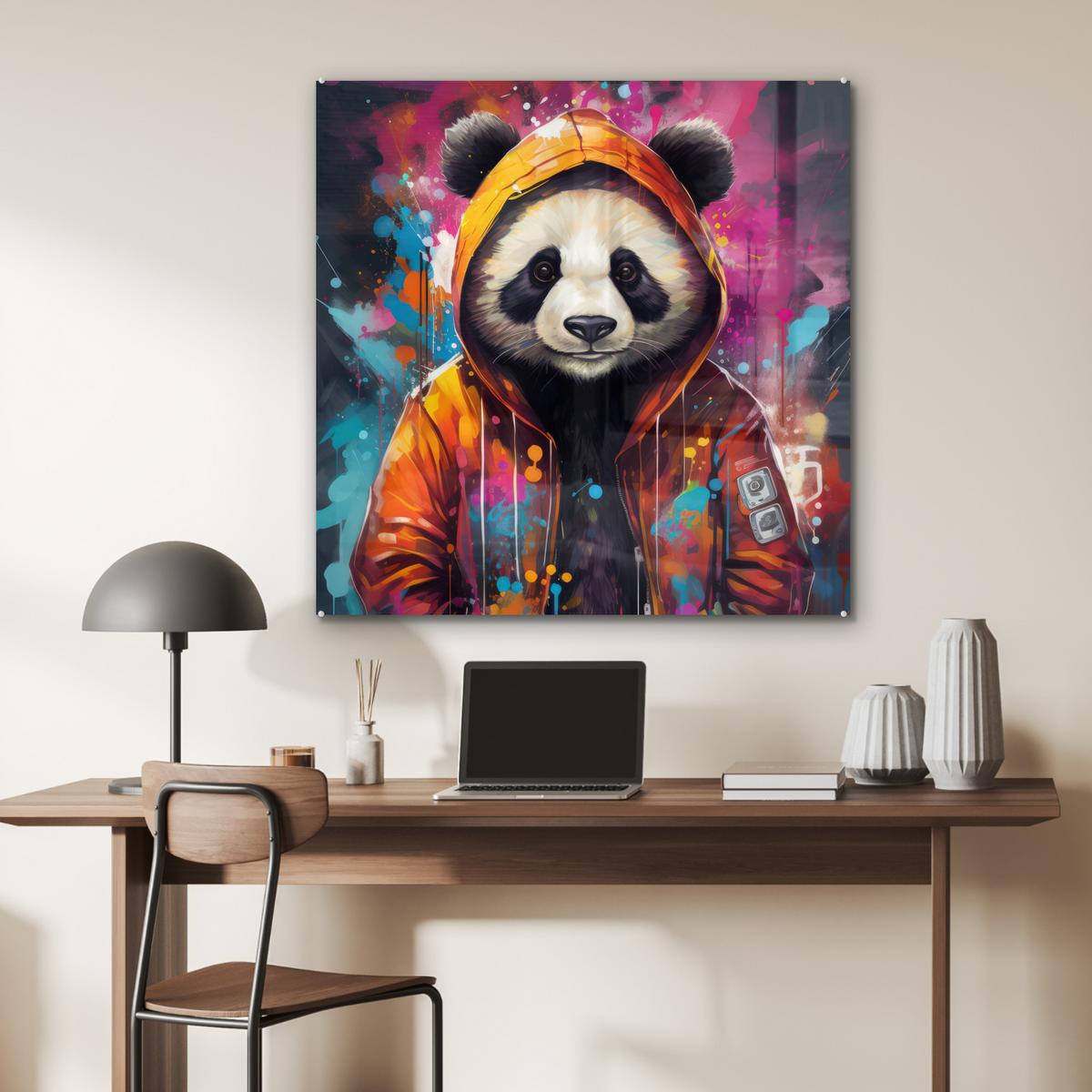 ACRYLGLASBILD Panda - Jacke - Graffiti - Orange 90x90 cm - Orange, Glas (90/90cm) - MuchoWow