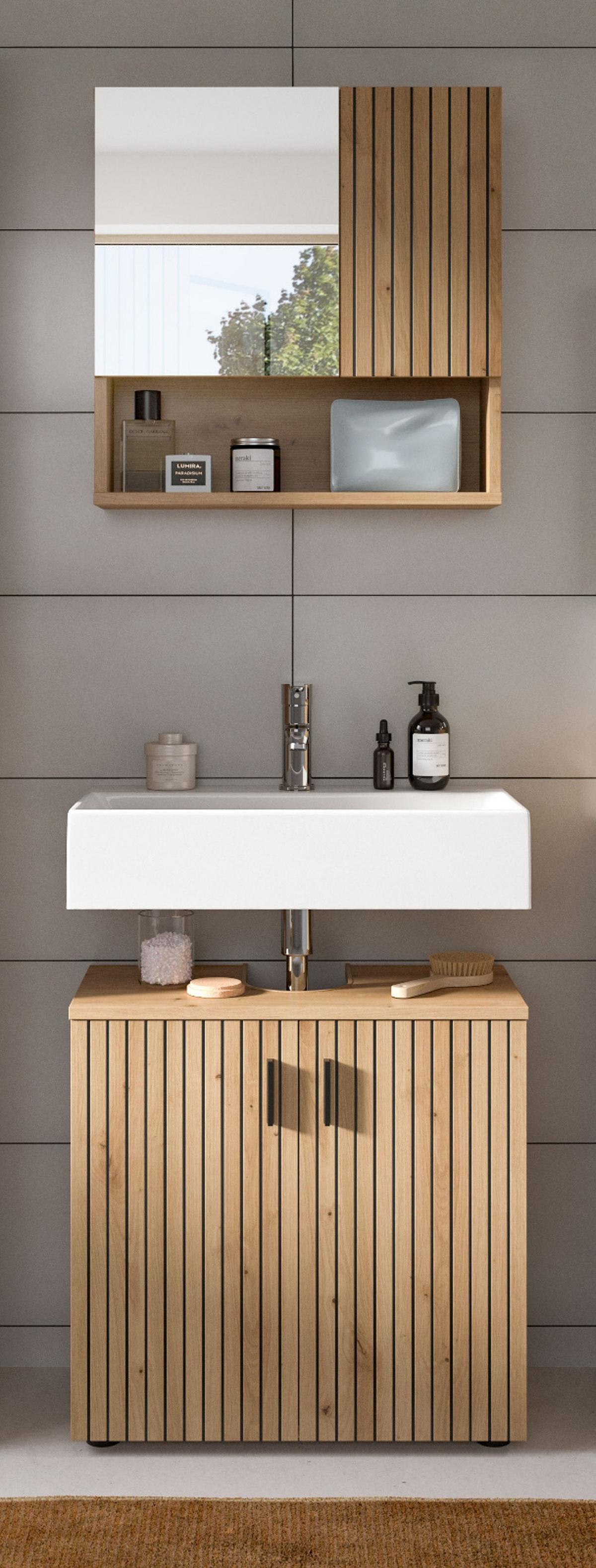 BADMÖBEL-SET Eiche Artisan 2-teilig 60 cm, Badezimmerkombination mit Rillen-Optik - Schwarz/Eiche Artisan, Glas/Holzwerkstoff (60/180/30cm) - Inn.Furn