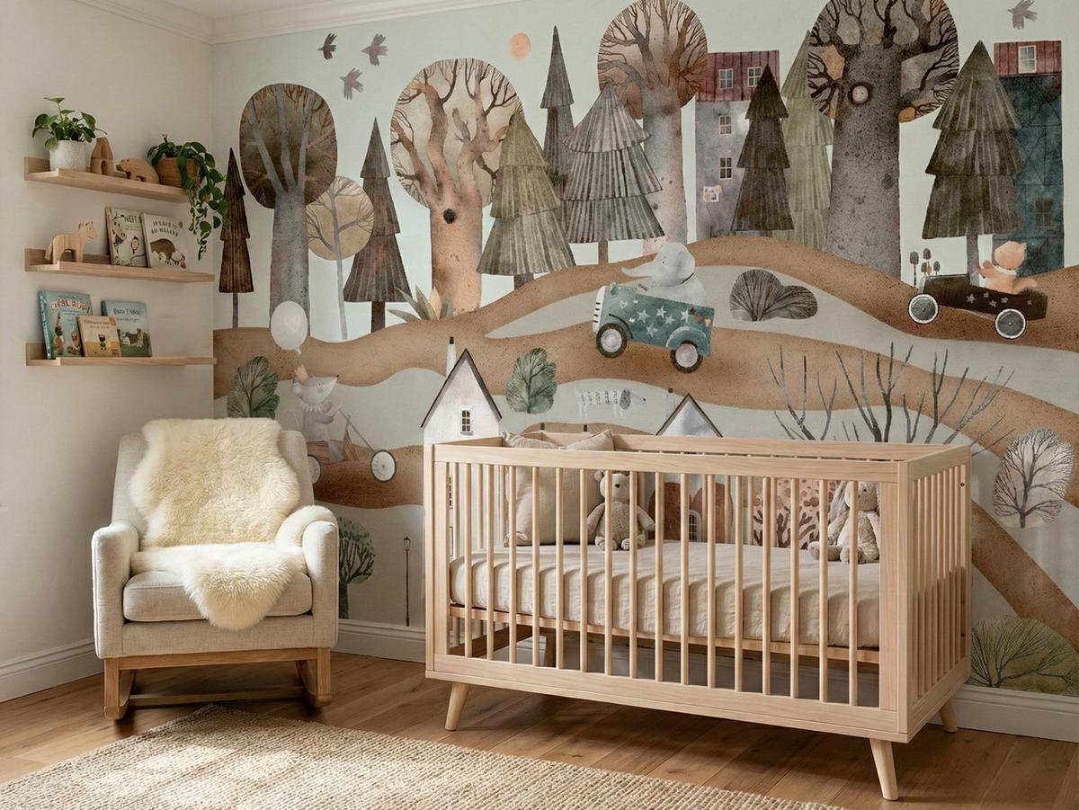 FOTOTAPETE für Kinderzimmer Fantastische Stadt Häuser Wald Tiere Autos 300x210 - Beige/Braun, Papier (300/210cm) - Muralo