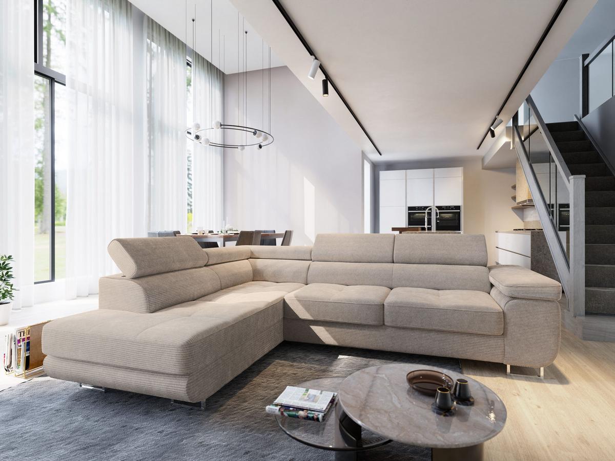 ECKSOFA APIRO L-S Beige Kordstoff mit Schlaffunktion - Beige/Silberfarben, Holz/Textil (276/202cm) - MASSENO