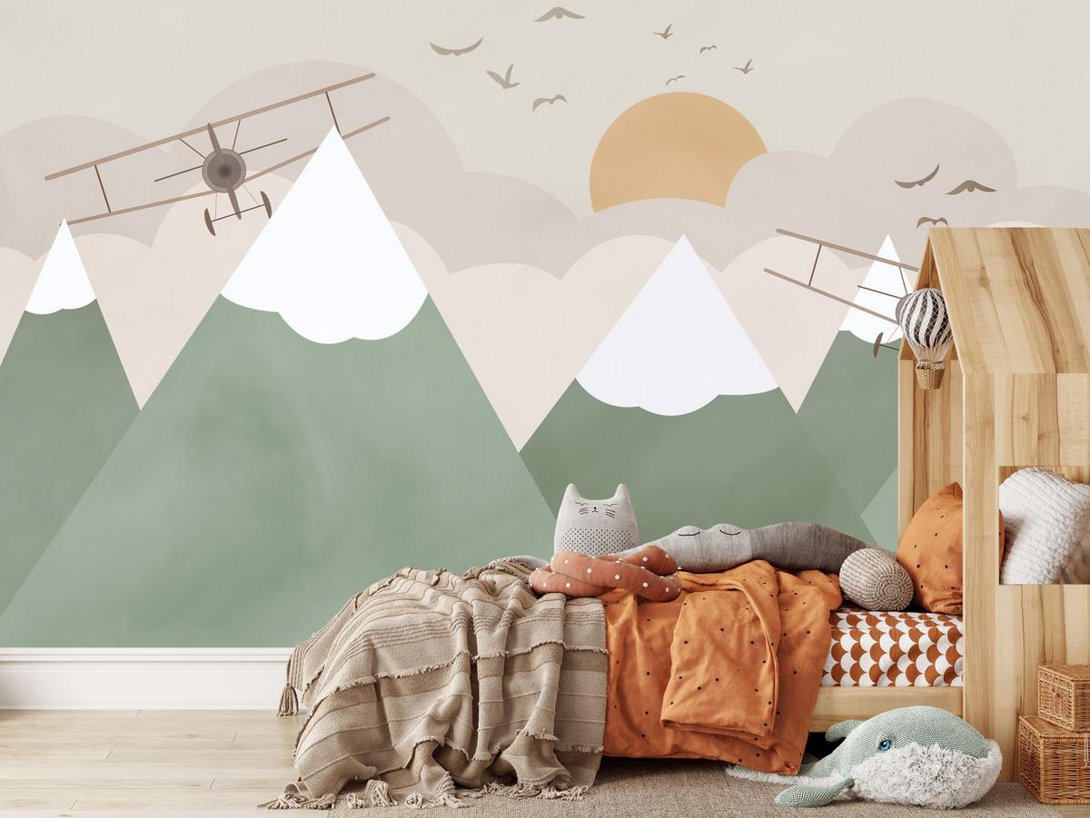 FOTOTAPETE für Kinderzimmer Berge Flugzeuge Wolken 400x280 - Beige/Orange, Papier (400/280cm) - Muralo
