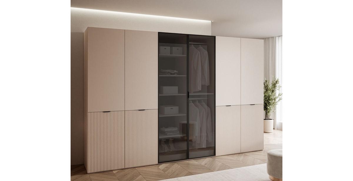 KLEIDERSCHRANK SANDBOX 300 303/49/200 cm Sandbeige / Sandbeige + schwarzes Glas mit LED ohne Zusatzböden - Sandfarben/Schwarz, Holzwerkstoff/Kunststoff (303/200/49cm) - Lookway