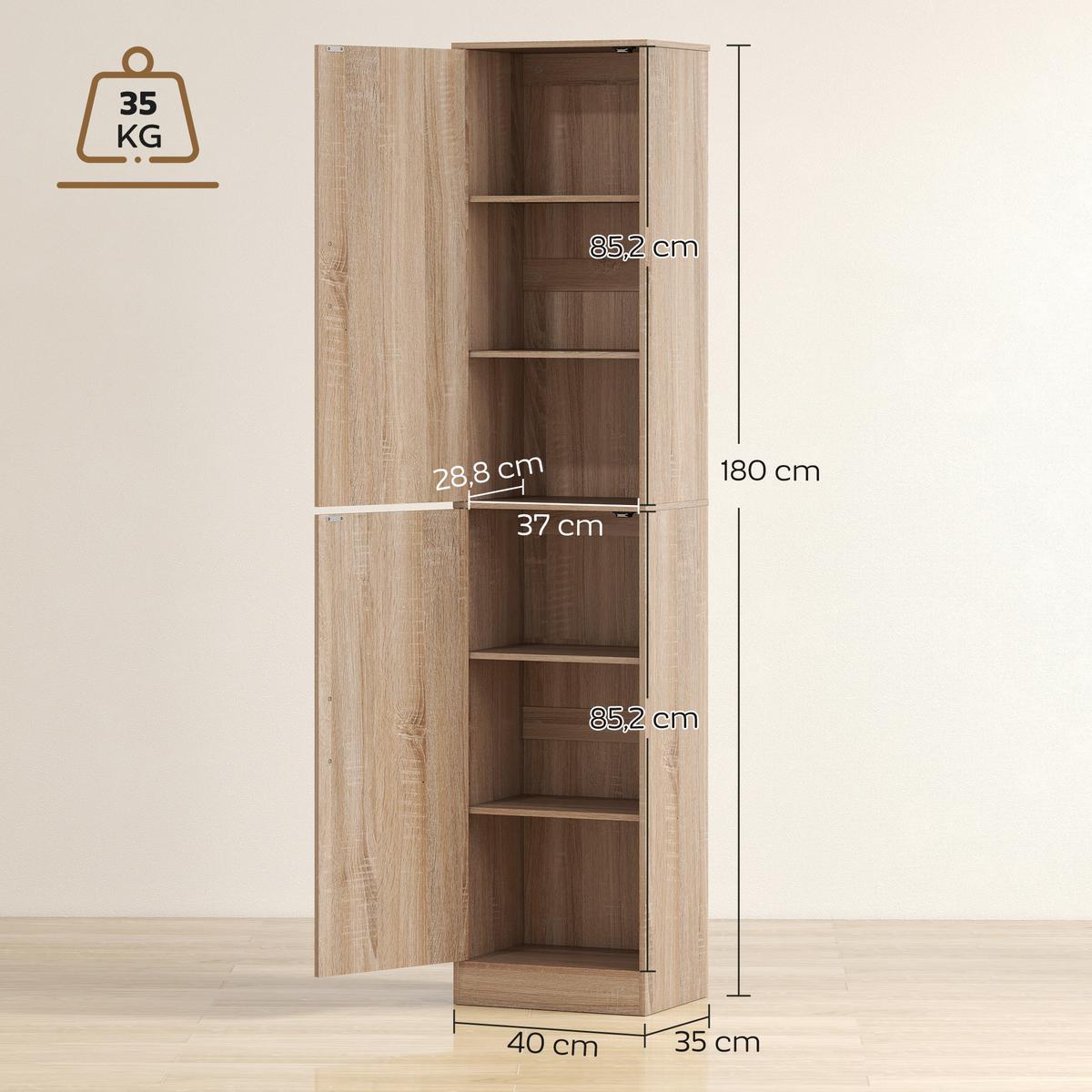 BADEZIMMERSCHRANK Badschrank Hochschrank schmal mit 2 Türen Verstellbare Regale - Silberfarben/Naturfarben, Holzwerkstoff/Metall (35/180/40cm) - HOMCOM