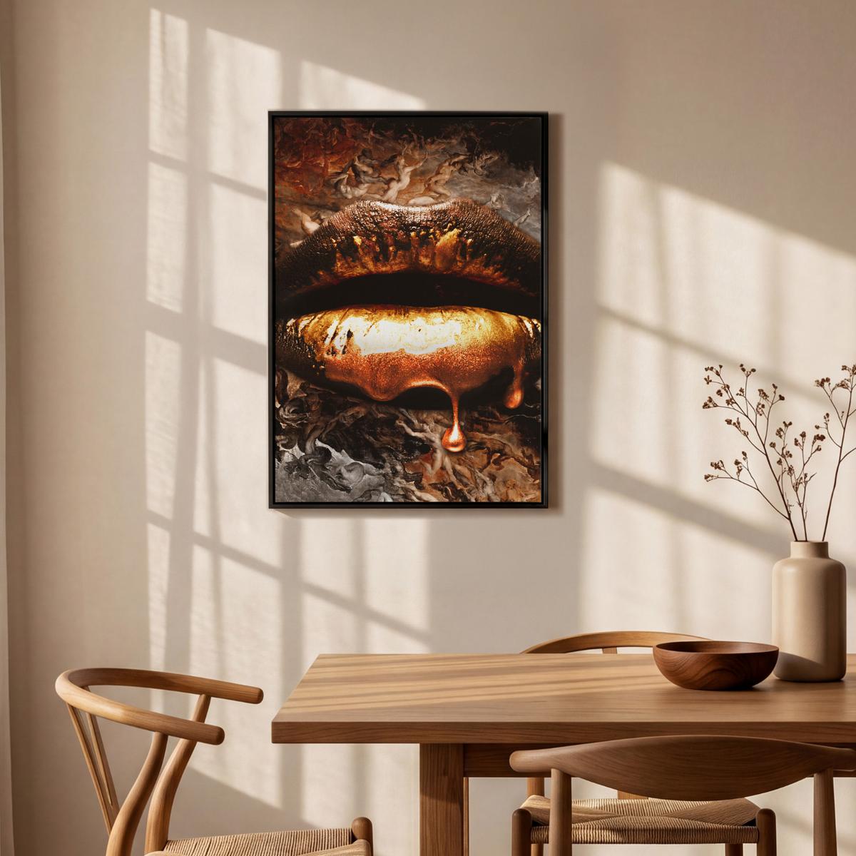 LEINWAND Bilder mit Rahmen - Gold - Lippen - Kunst - Gold - Luxus - Abstrakt - 60x90 - Kupferfarben, Textil (60/90cm) - MuchoWow