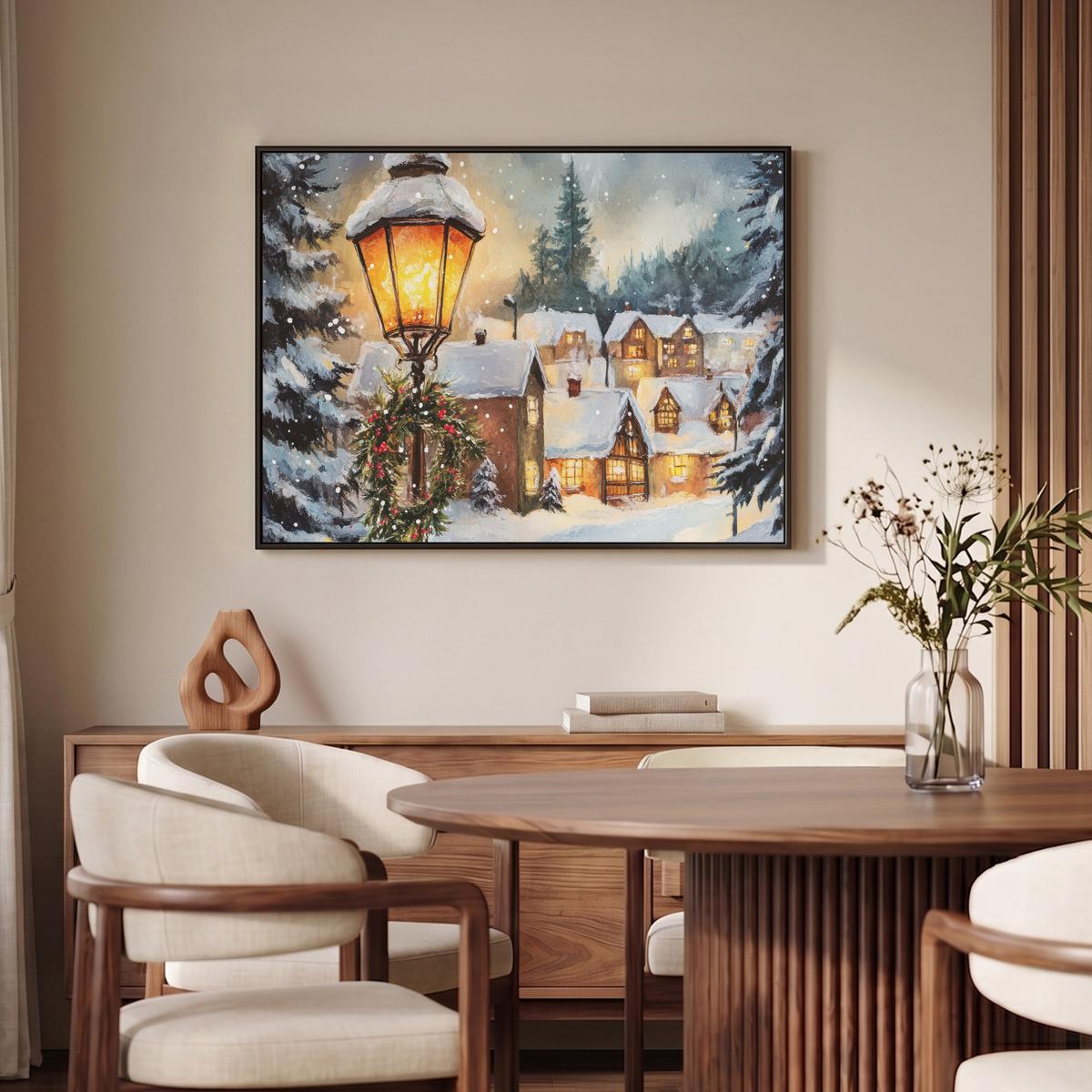 LEINWAND Bilder mit Rahmen - Weihnachtsdorf - Häuser - Schnee - Weihnachten - 100x70 - Sandfarben, Textil (100/70cm) - MuchoWow