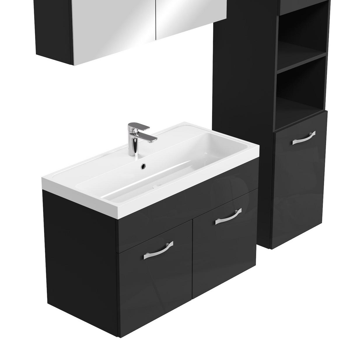 BADMÖBEL-SET Paso LED 4 Teile Schwarz Hochglanz - 80 x 35 x 55 cm - Schwarz, Holz (80/55/40cm) - Badplaats