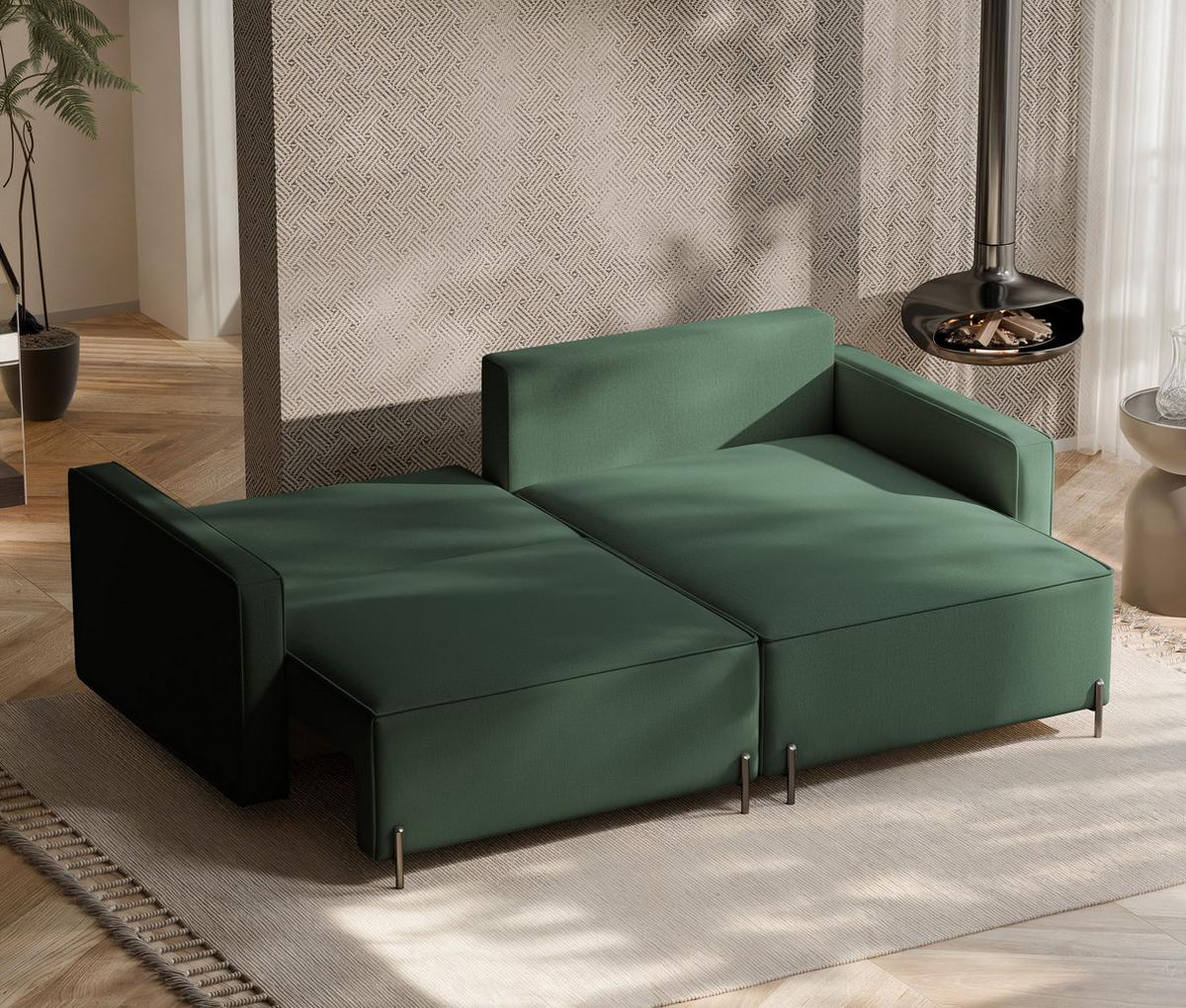 ECKSOFA LEO Rechts, mit Schlaffunktion und Bettkasten, Grün - Grün, Textil/Metall (229/148cm) - Idohome